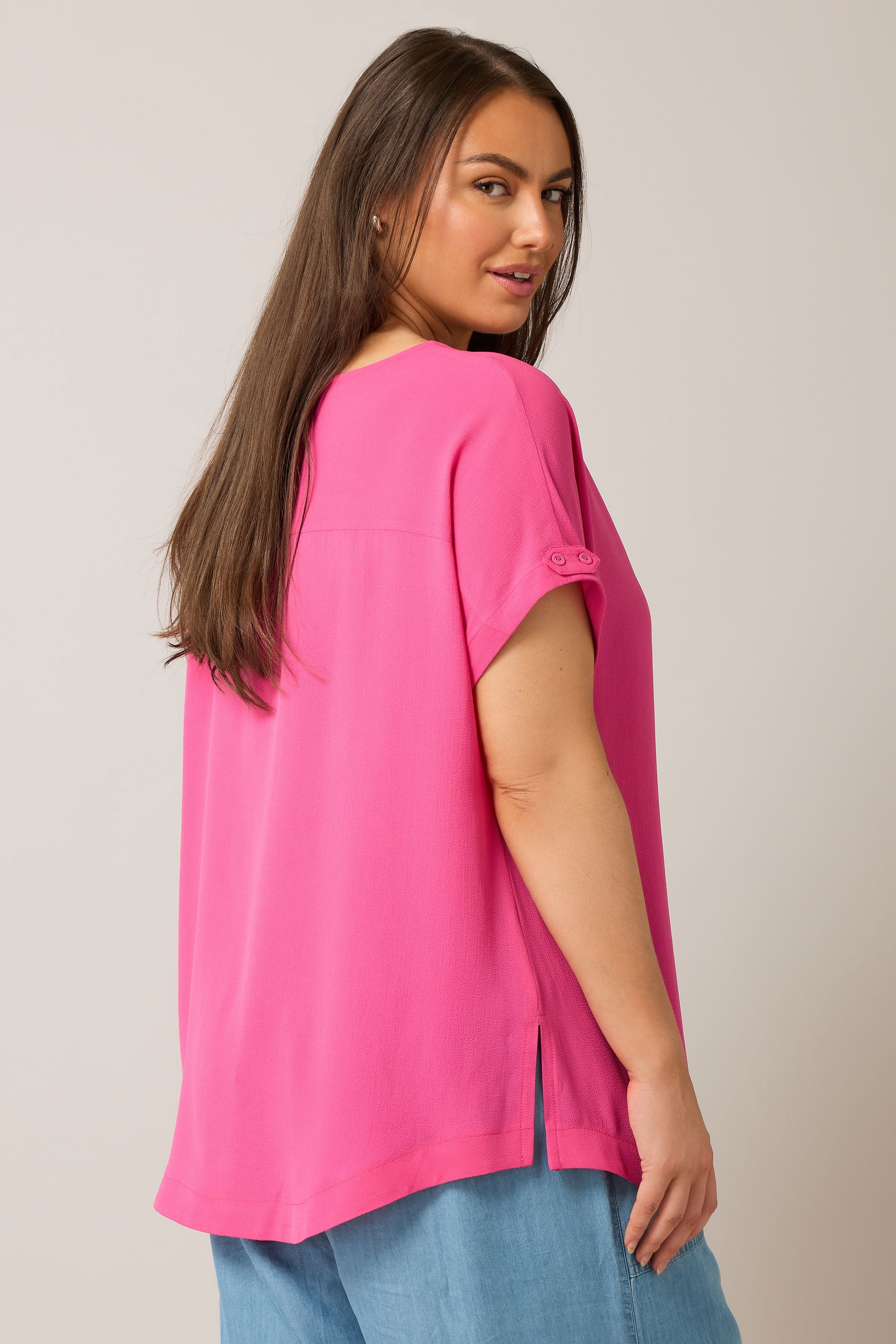  EVANS Curve Pink Button Sleeve Blouse