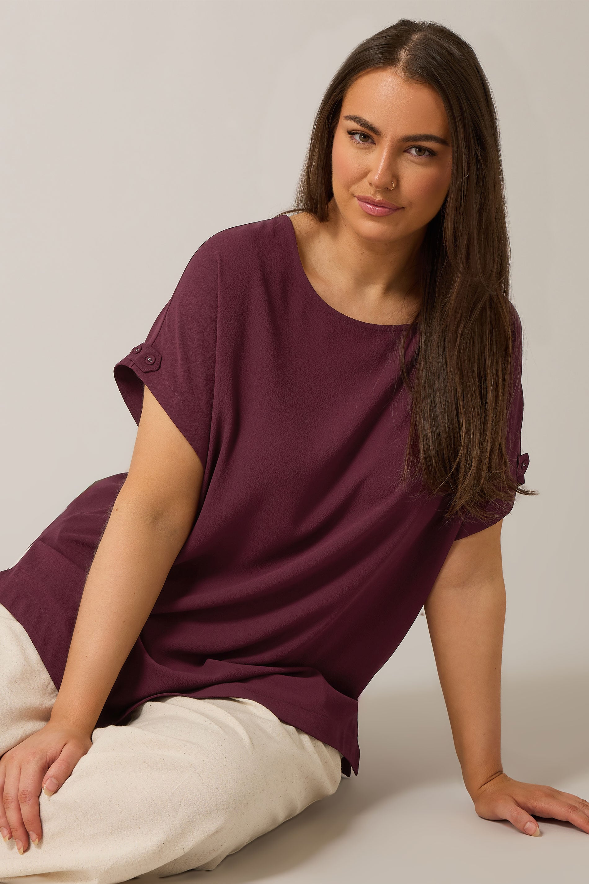  EVANS Curve Burgundy Red Button Sleeve Blouse