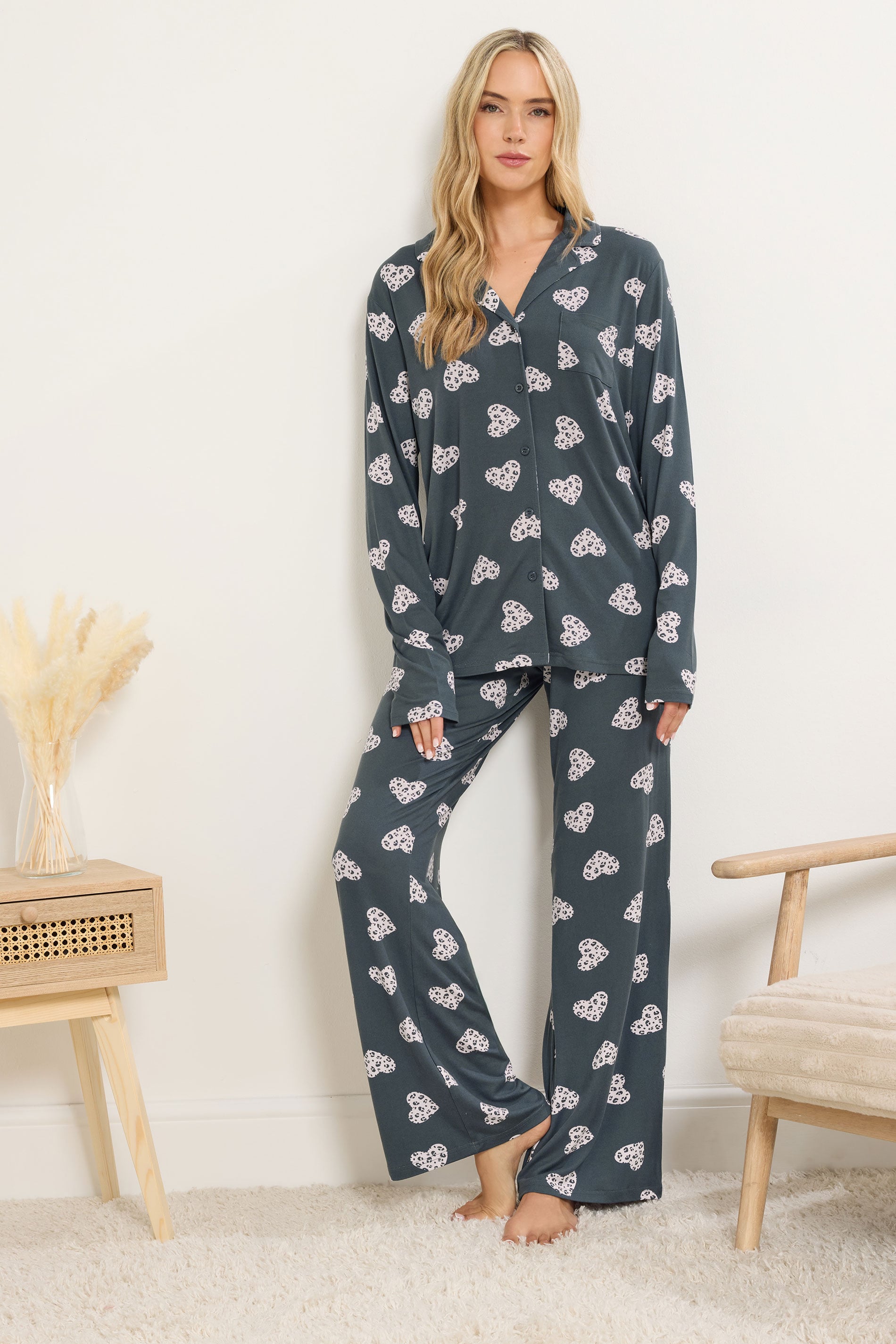  LTS Tall Grey Soft Touch Animal Heart Pyjama Set