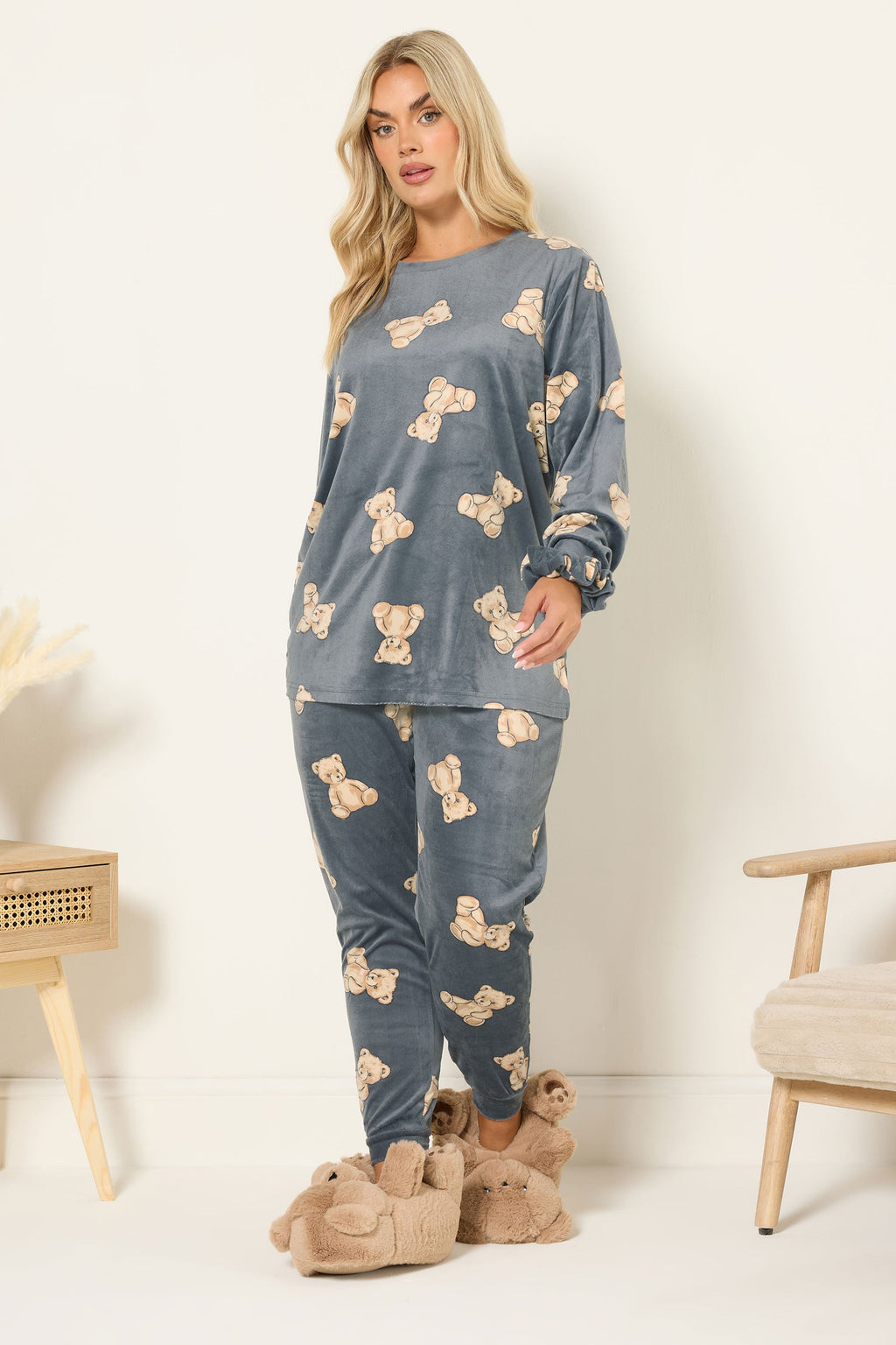  YOURS Curve Ensemble Pyjama Et Chouchou En Polaire Gris à Imprimé Teddy