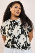  YOURS - Top Noir & Blanc Texturé Floral Manches Courtes