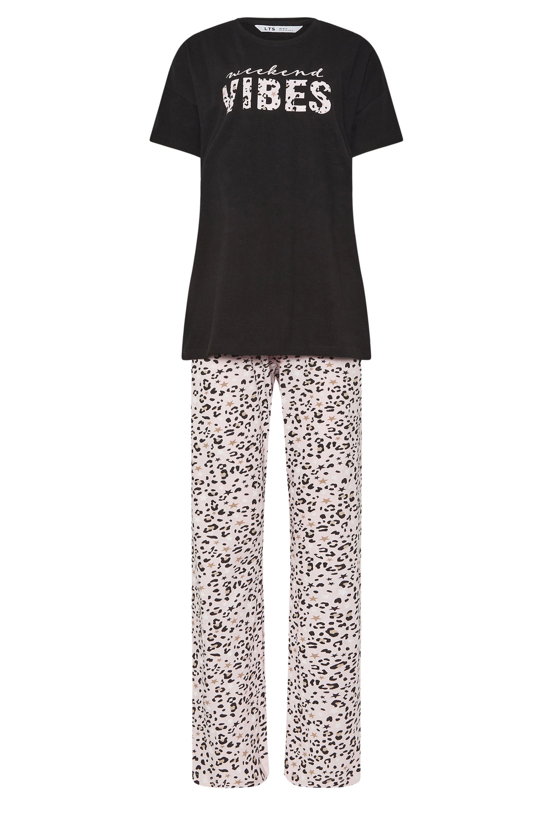  LTS Tall Black Leopard 'Weekend Vibes' Slogan Pyjama Set