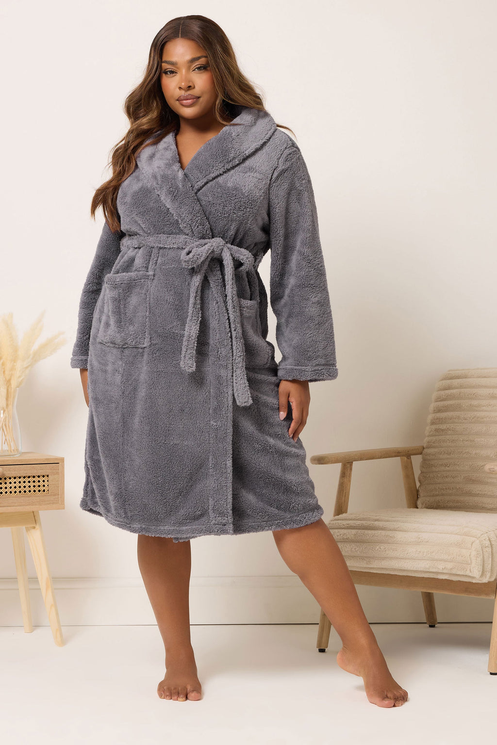 YOURS Curve Robe De Chambre Moelleuse Grise à Col Châle