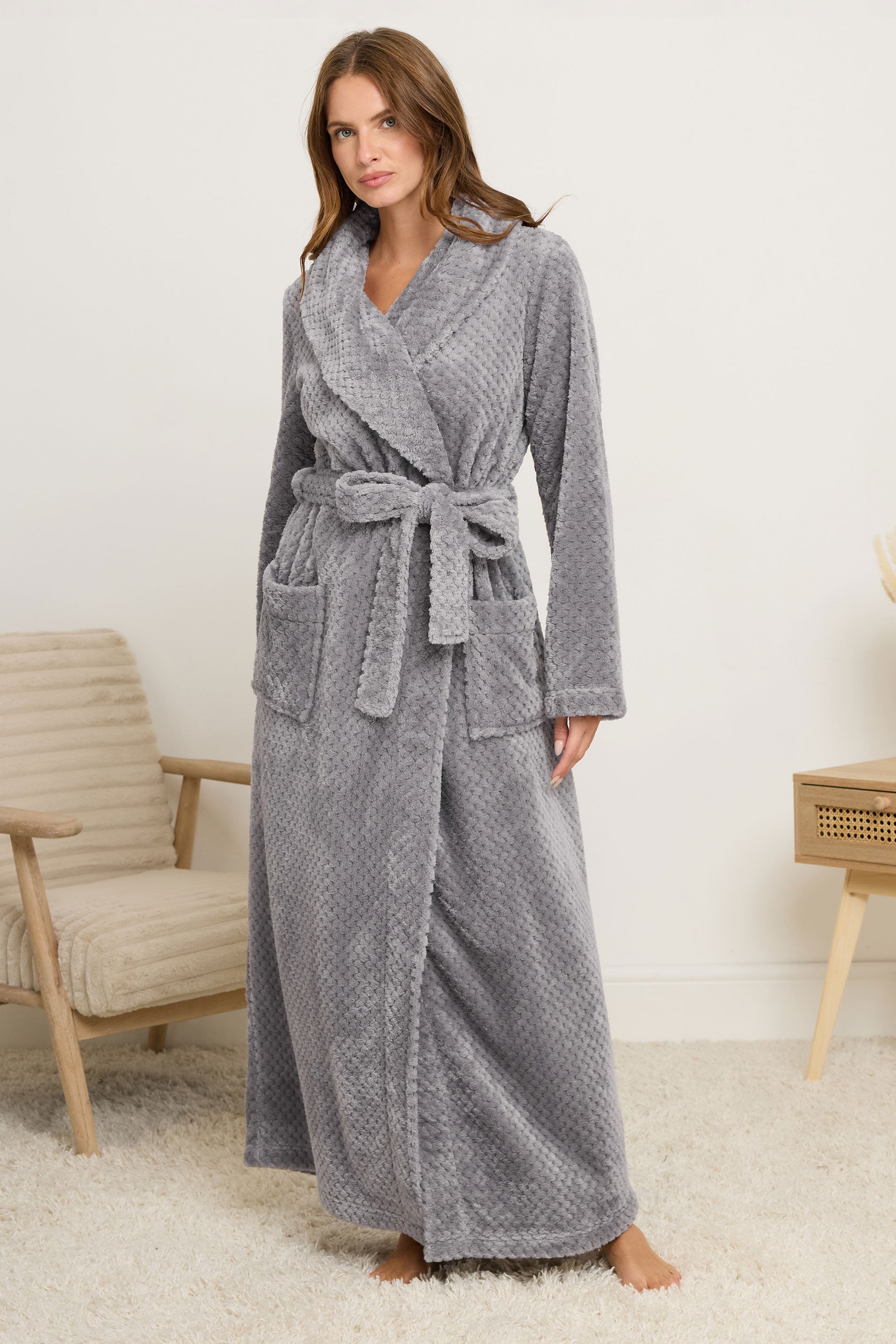  M&Co Grey Textured Shawl Dressing Gown