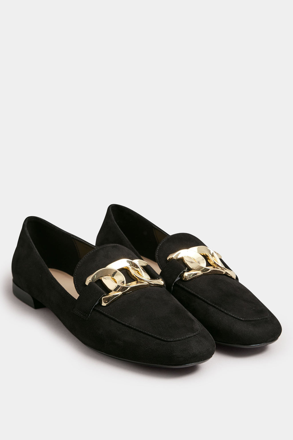  Mocassins Noirs Effet Daim Chaînes Larges Dorées Pieds Larges E