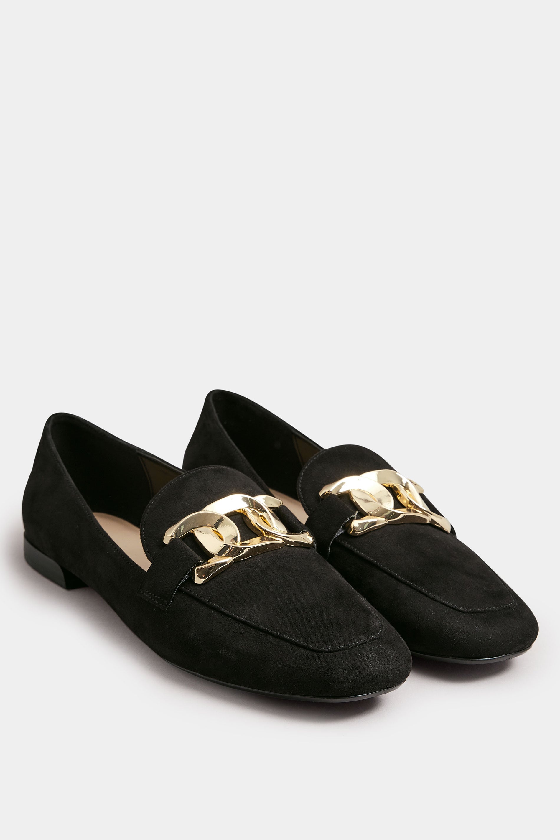  Mocassins Noirs Effet Daim Chaînes Larges Dorées Pieds Larges E