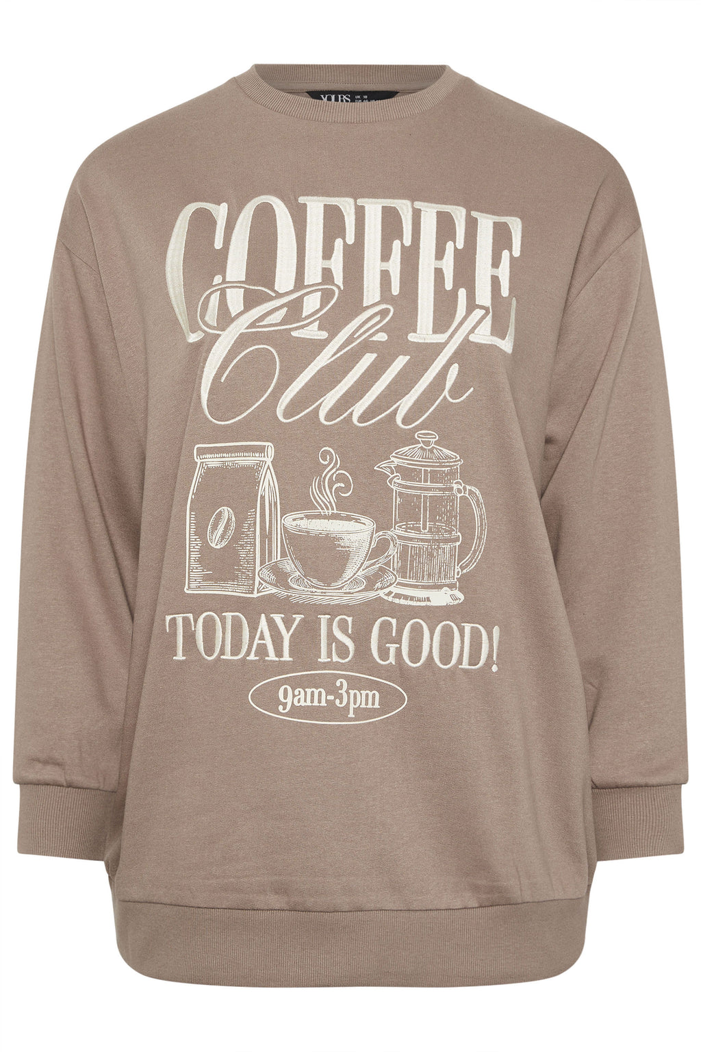  YOURS Curve Sweat-shirt Brodé Marron à Slogan « Coffee Club »