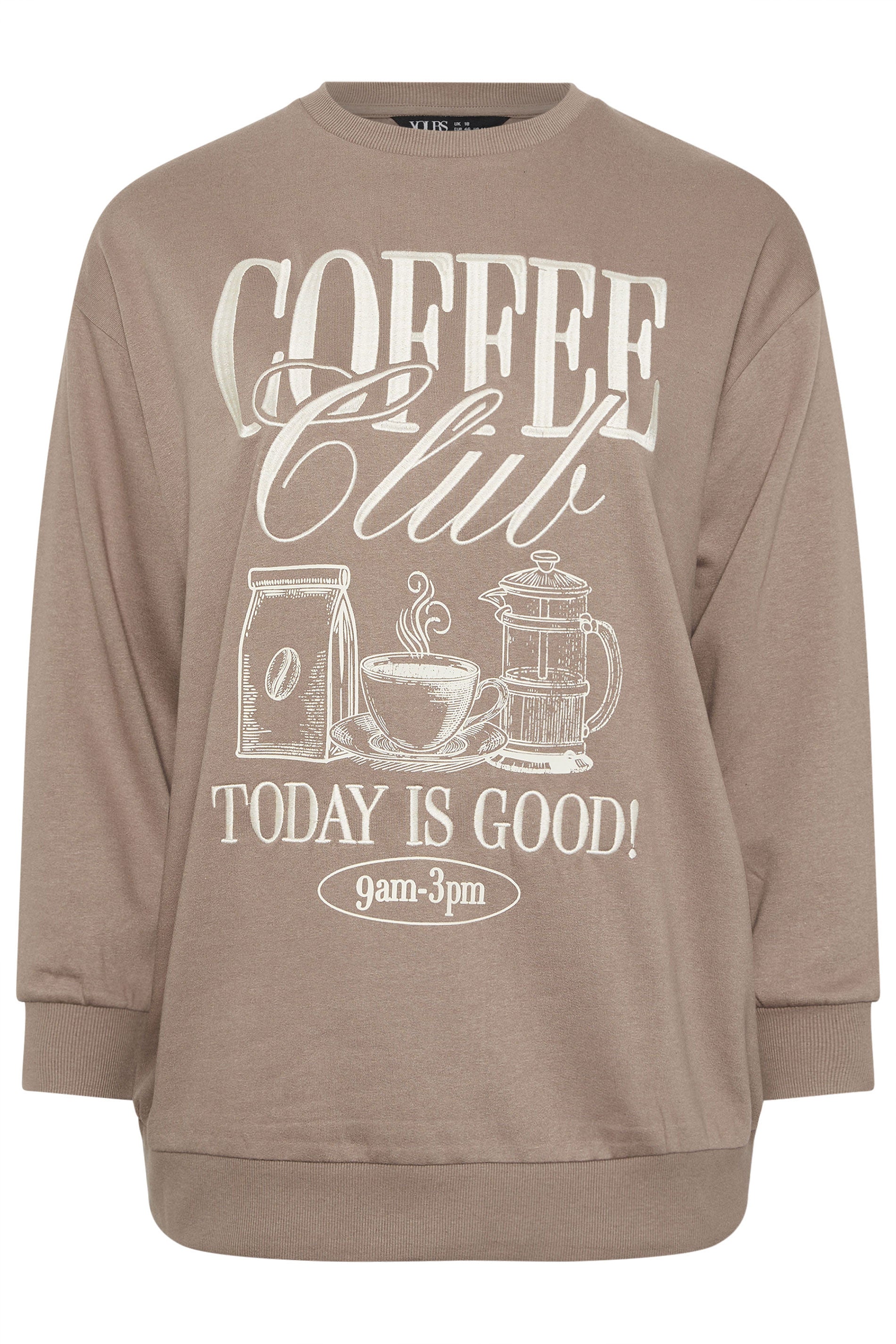  YOURS Curve Sweat-shirt Brodé Marron à Slogan « Coffee Club »