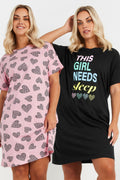  YOURS - Lot De 2 Chemises De Nuit Noire & Rose à Coeur