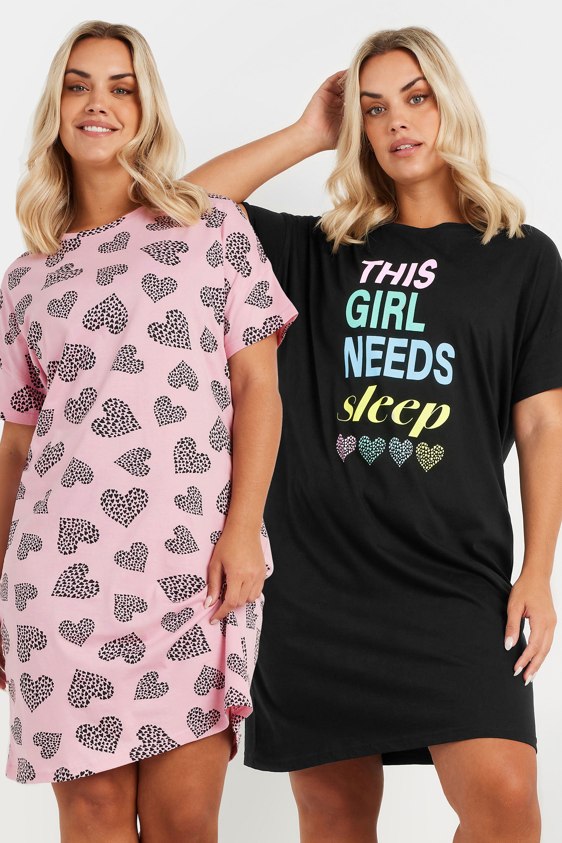  YOURS - Lot De 2 Chemises De Nuit Noire & Rose à Coeur