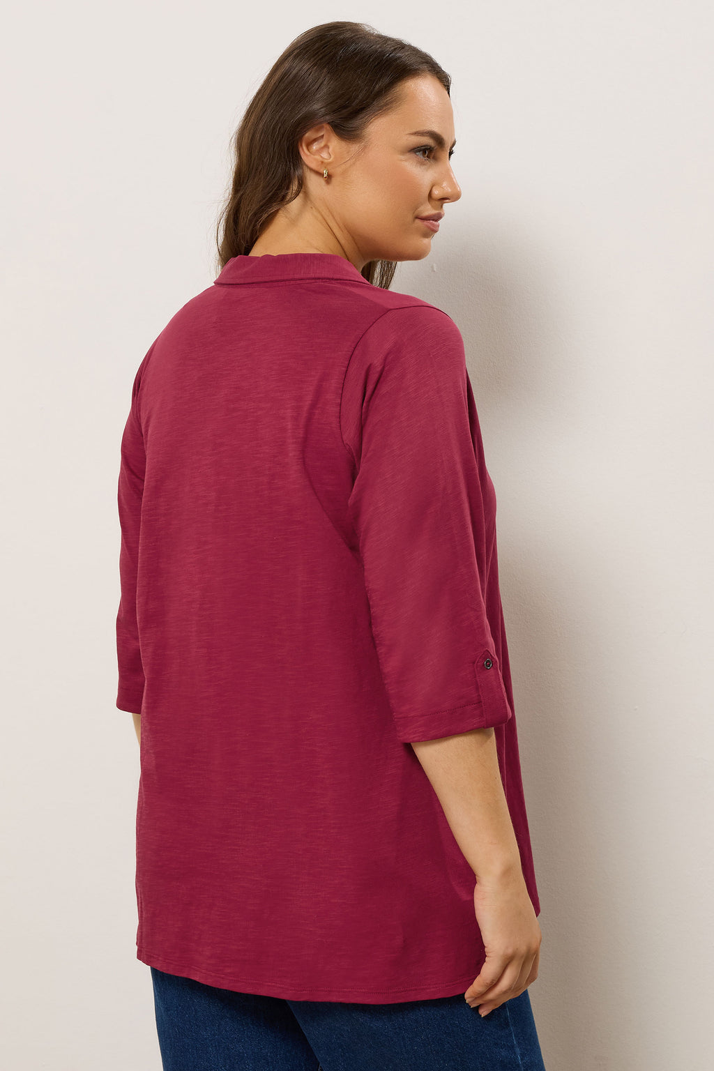  EVANS Curve Red Pintuck Henley Top