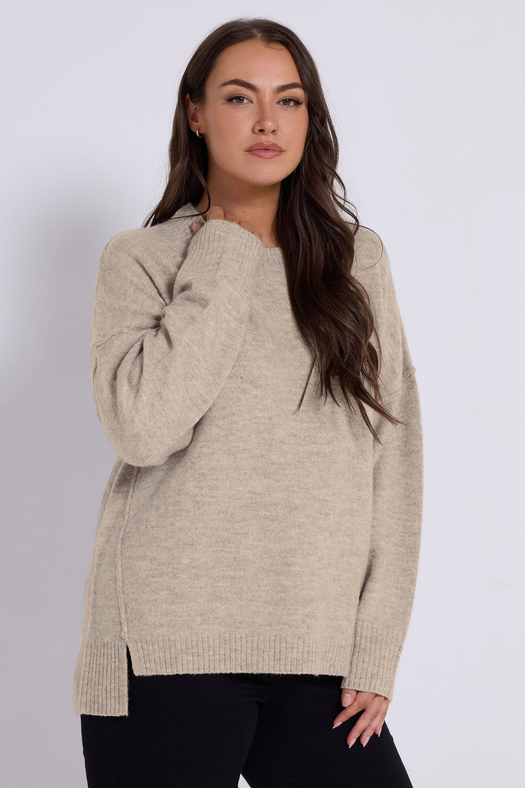  YOURS Curve Pull Beige Marron à épaules Tombantes Et Coutures Apparentes