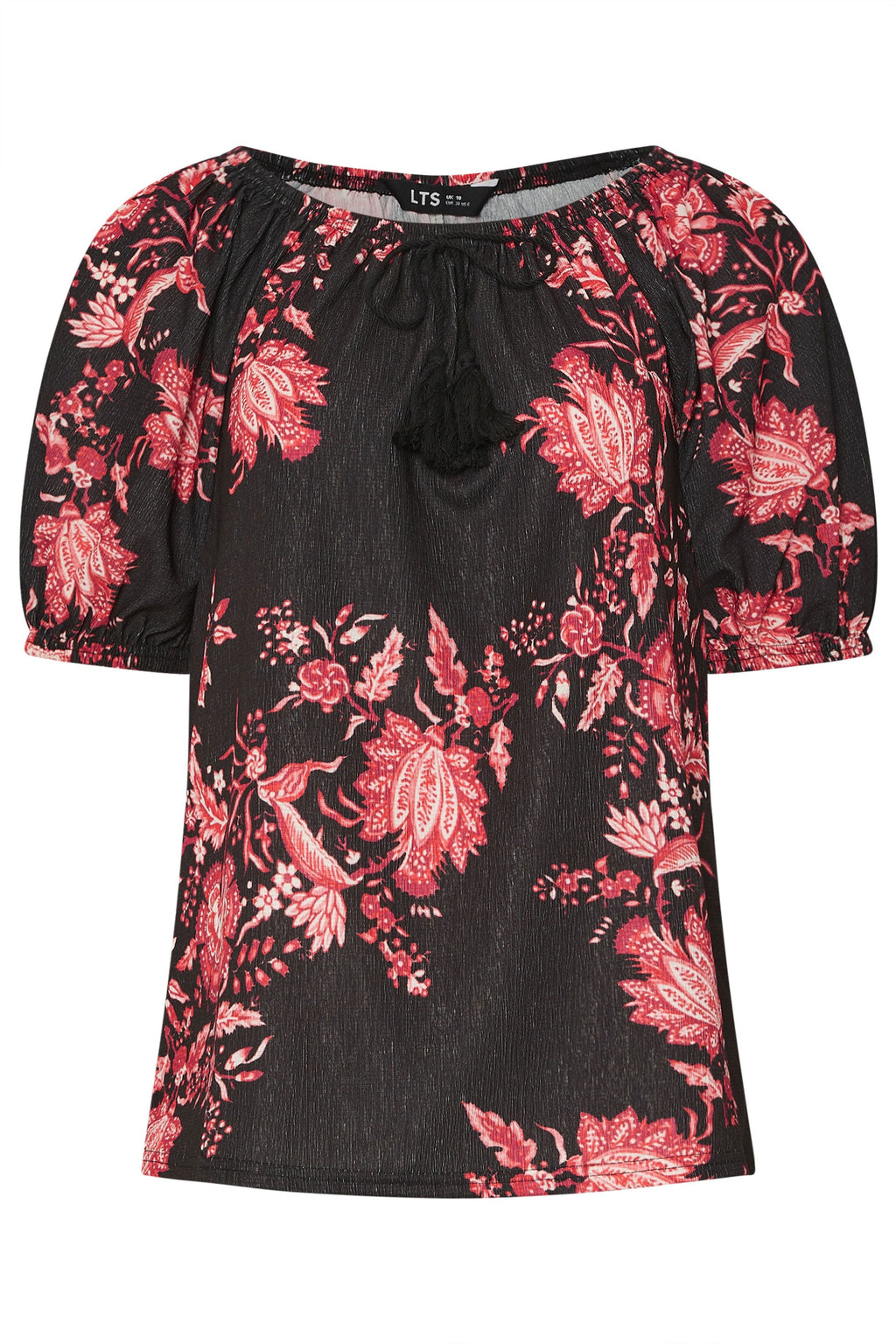  LTS Tall Black Floral Print Tie Front Top