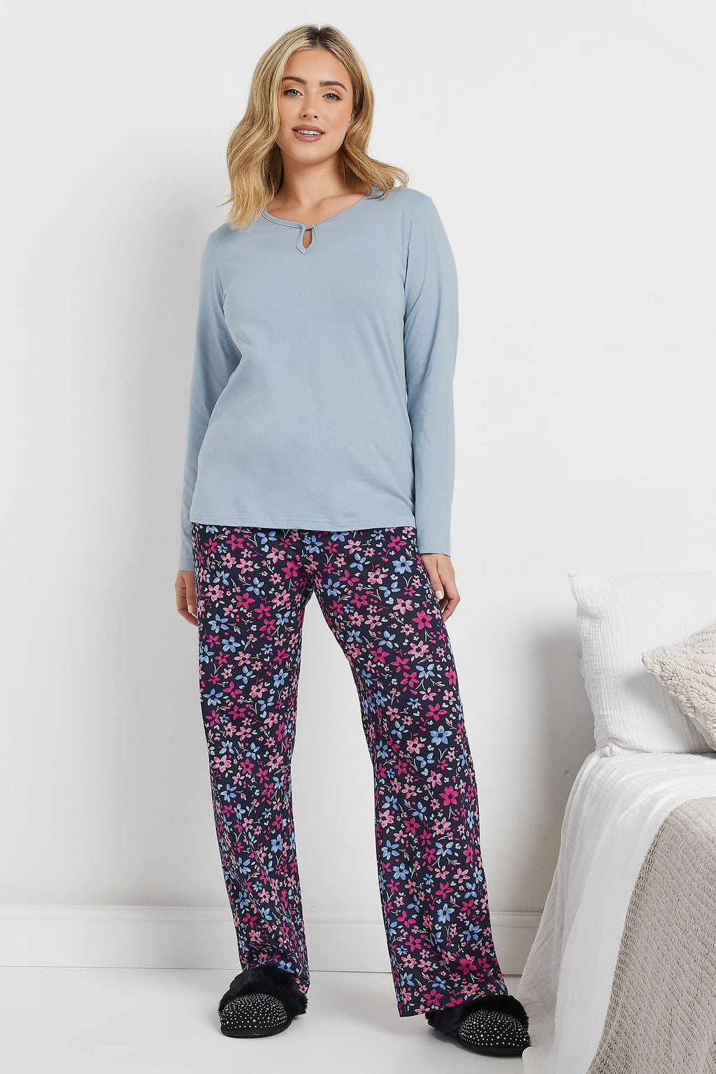  M&Co Blue & Purple Cotton Floral Wide Leg Pyjama Set