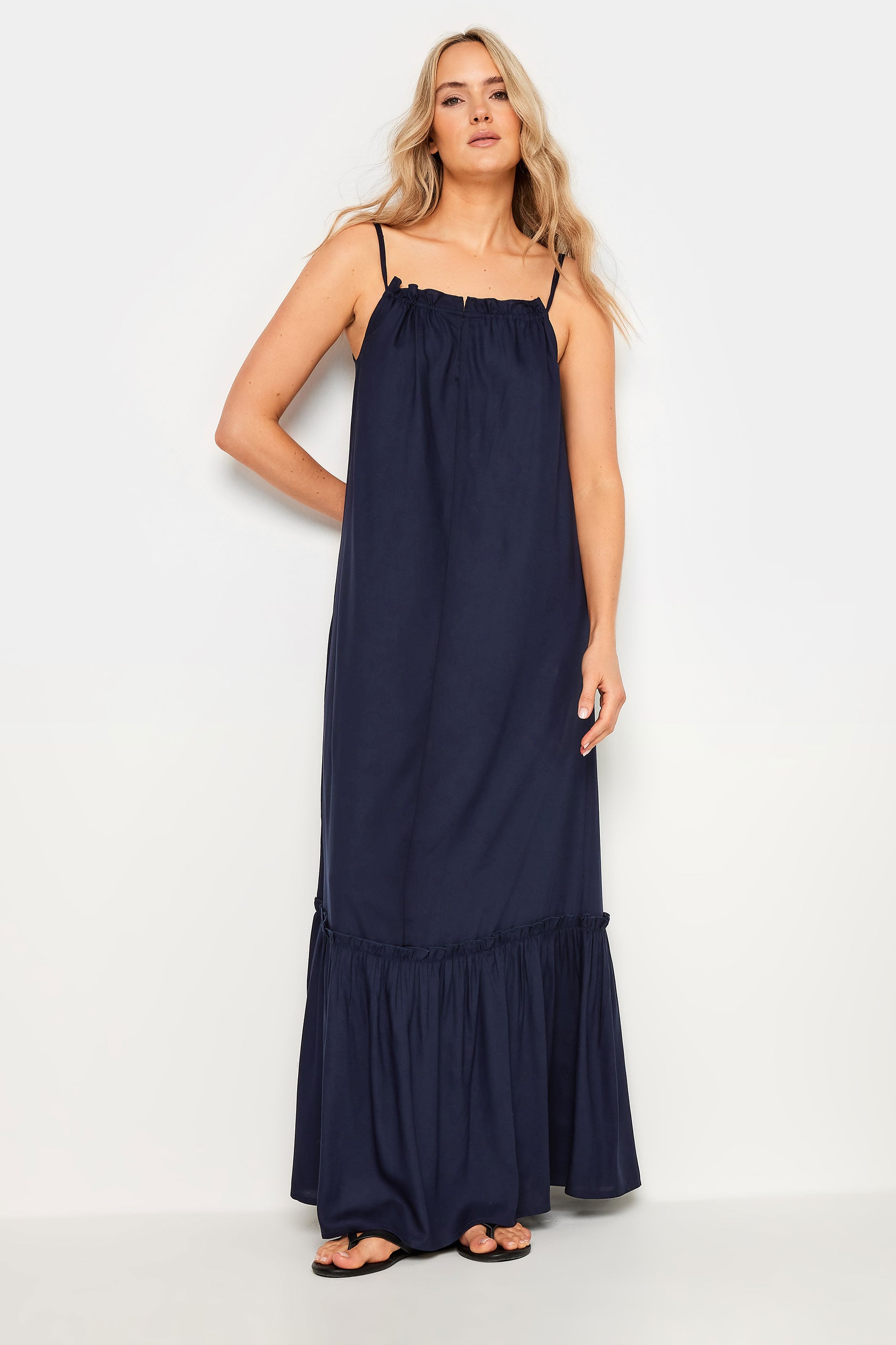  LTS - Robe Bleue Marine Fines Bretelles Maxi Coupe Volanté Tall