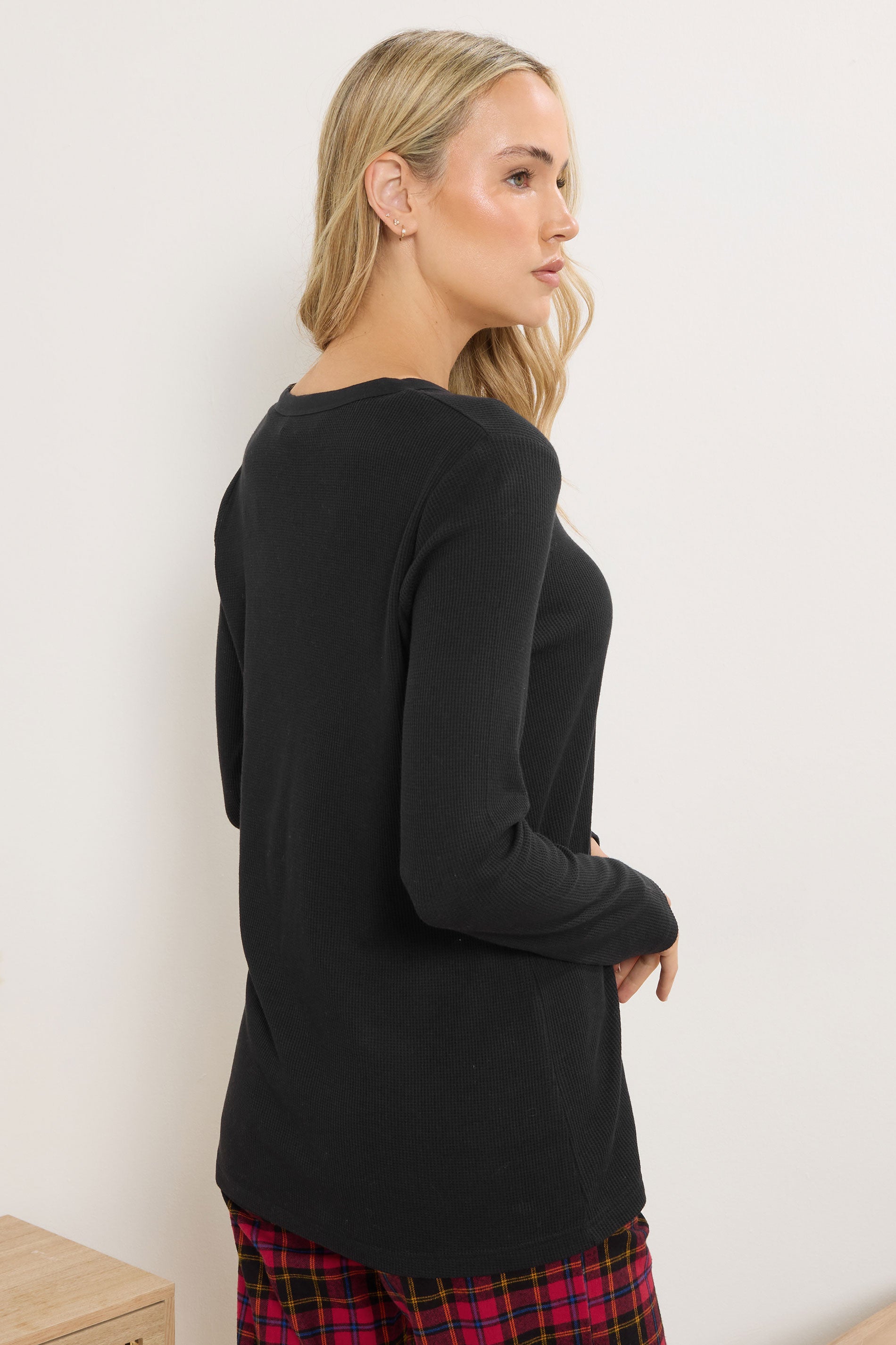  LTS Tall Black Cotton Waffle Pyjama Top