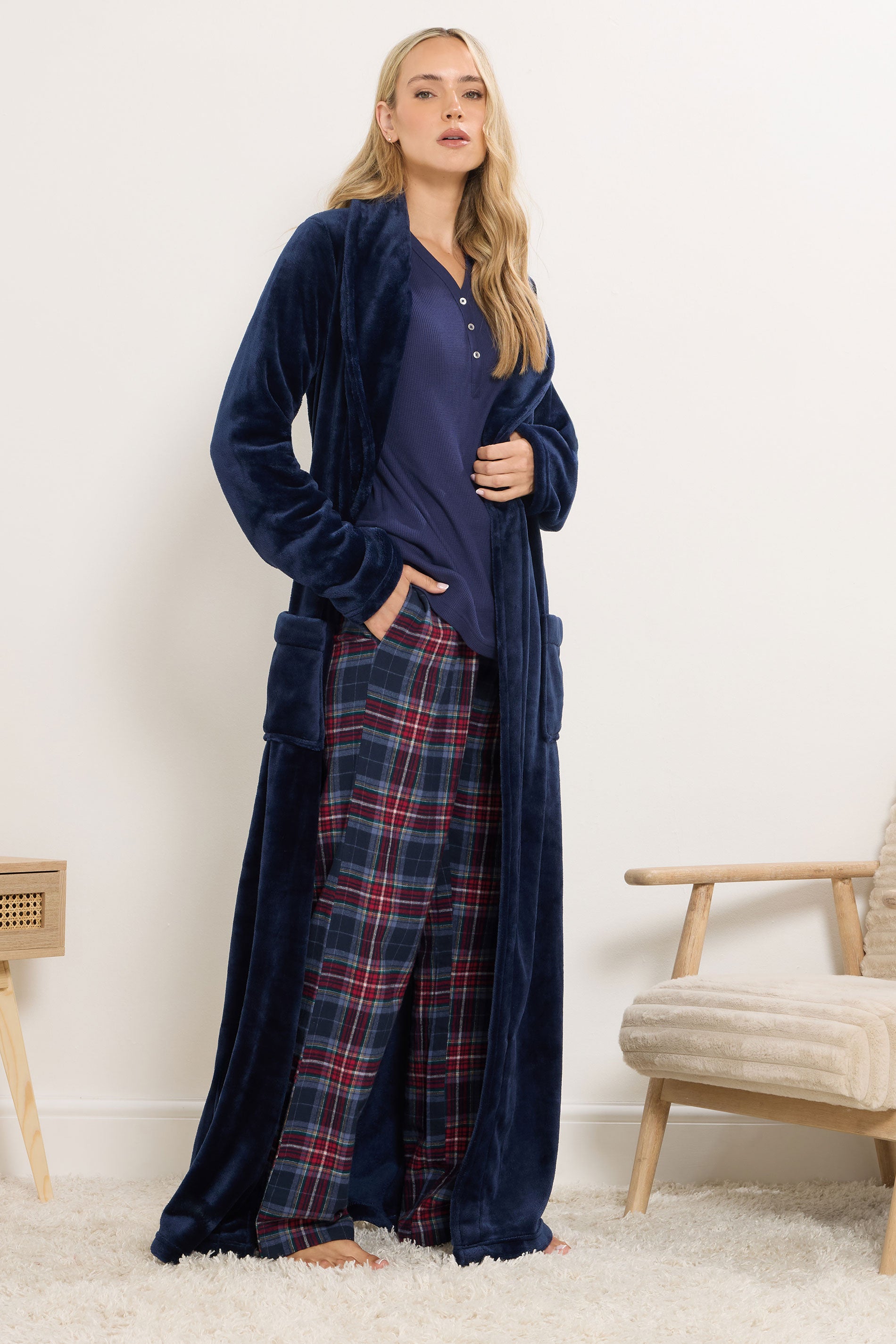  LTS Tall Navy Blue & Red Cotton Check Pyjama Bottoms