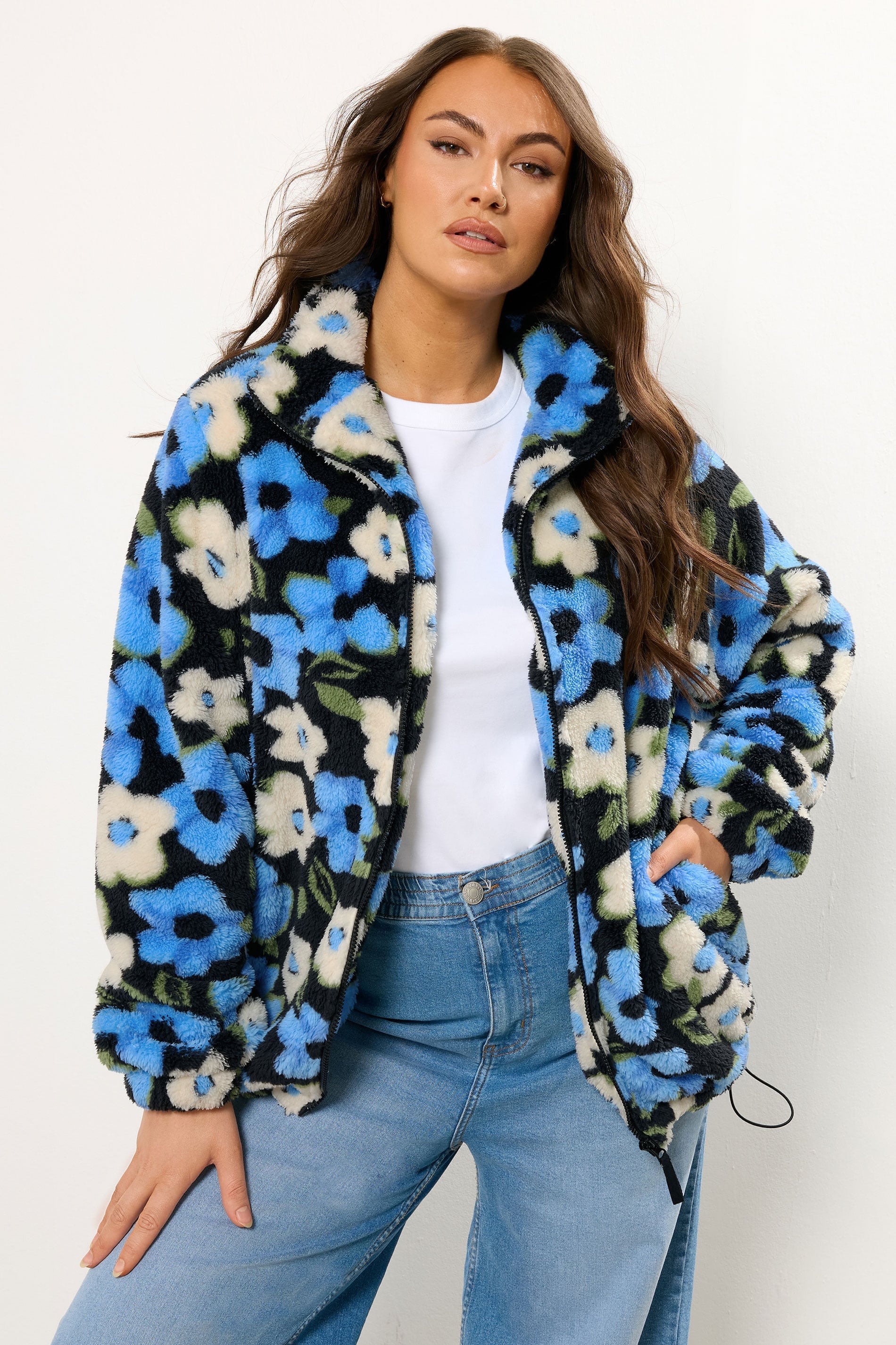  YOURS Curve Veste Polaire à Fleurs Noire Et Bleue