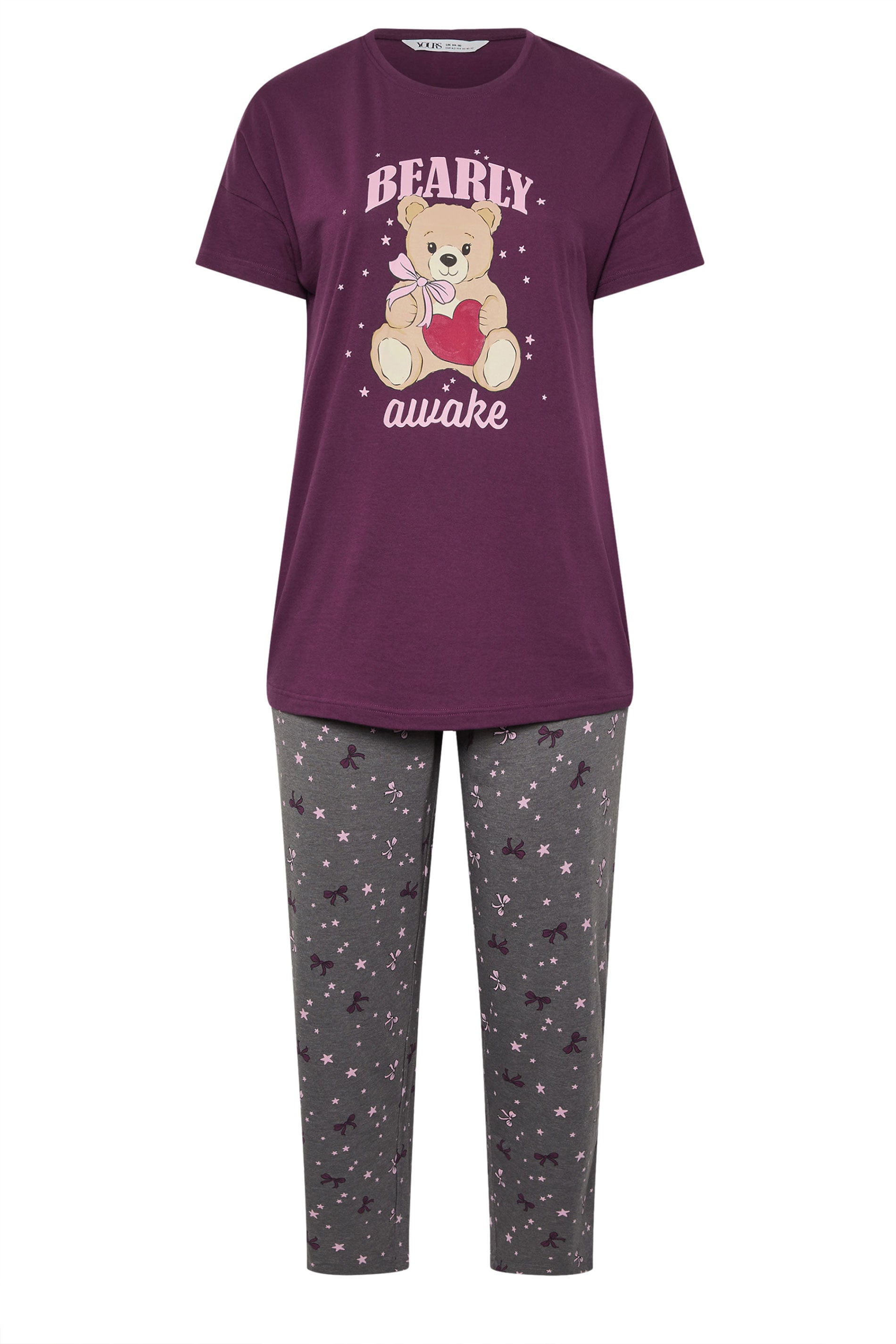  YOURS Curve Ensemble De Pyjama à Jambes Larges Violet Avec Slogan « Bearly Awake »