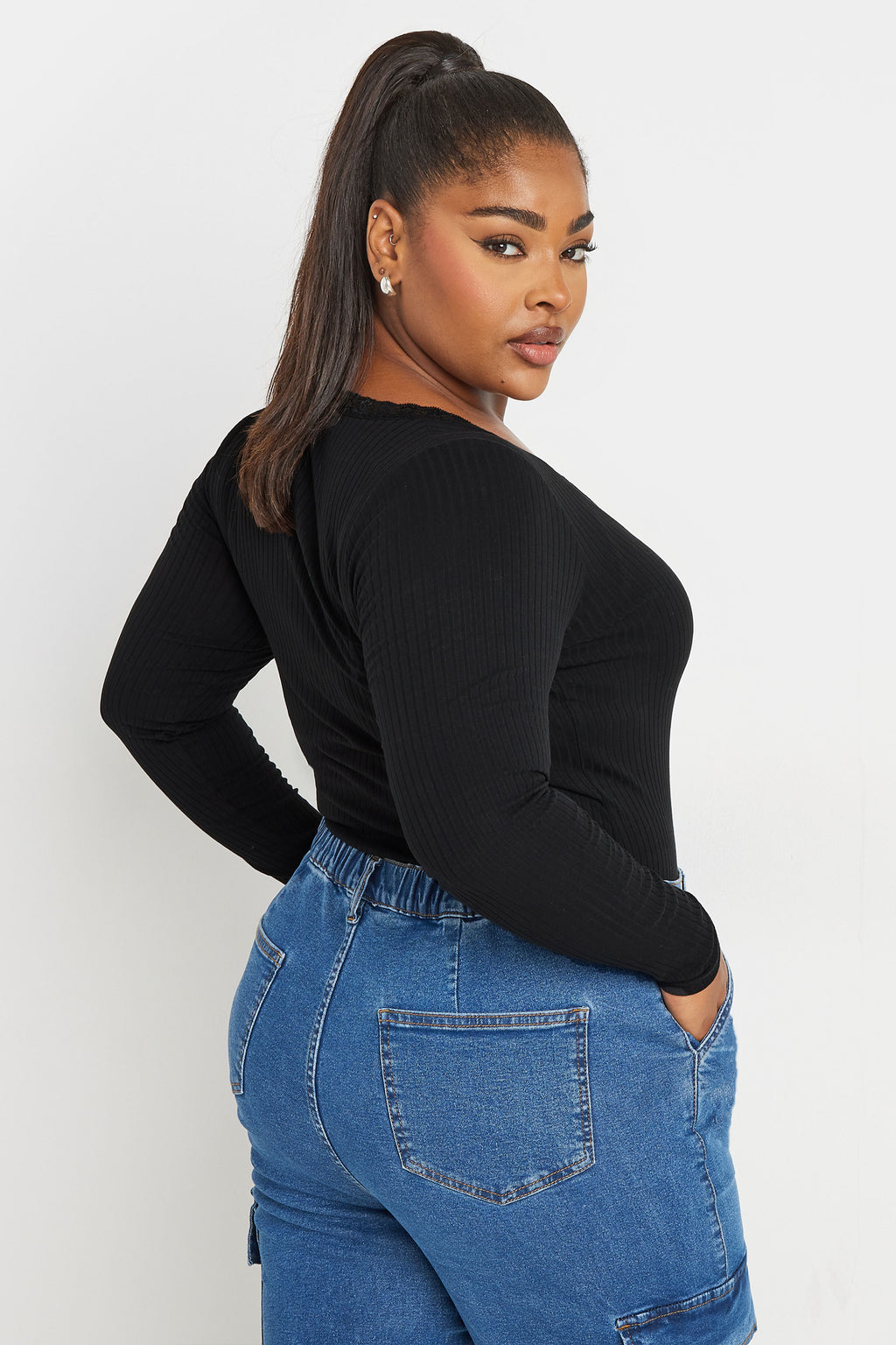  YOURS - Body Noir En Coton Bordure Dentelle