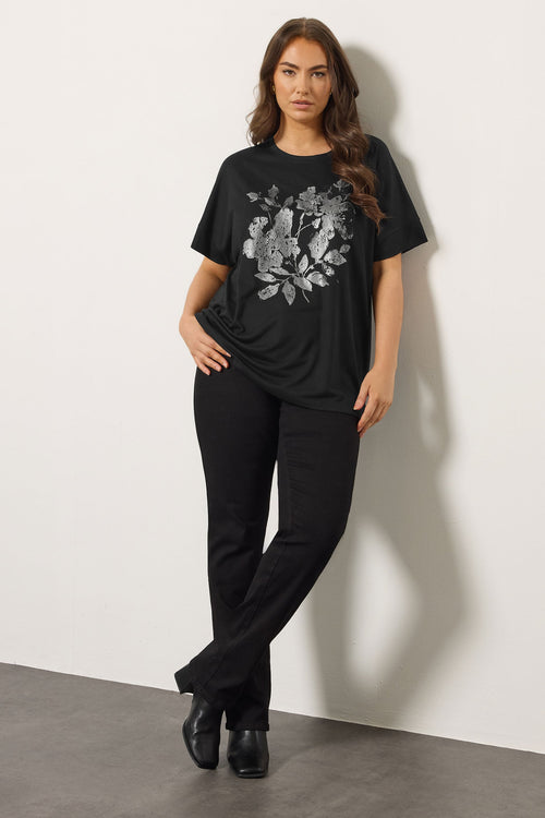  EVANS Curve Black Floral Stud Detail Top