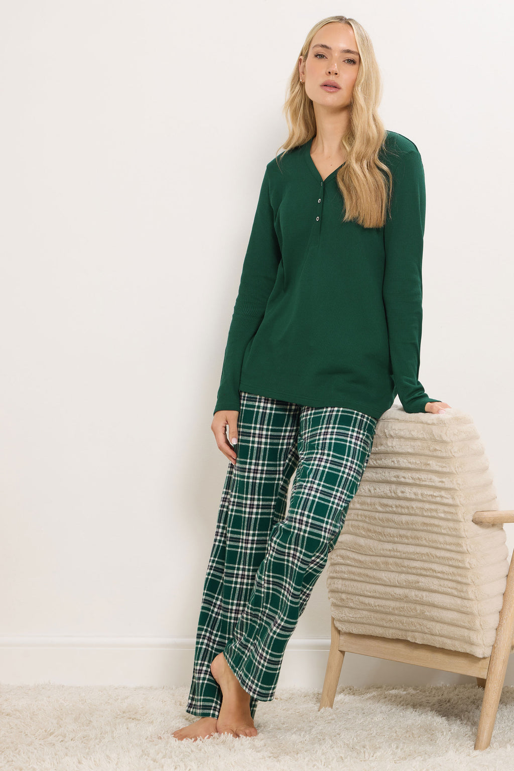  LTS Tall Green Cotton Check Pyjama Bottoms