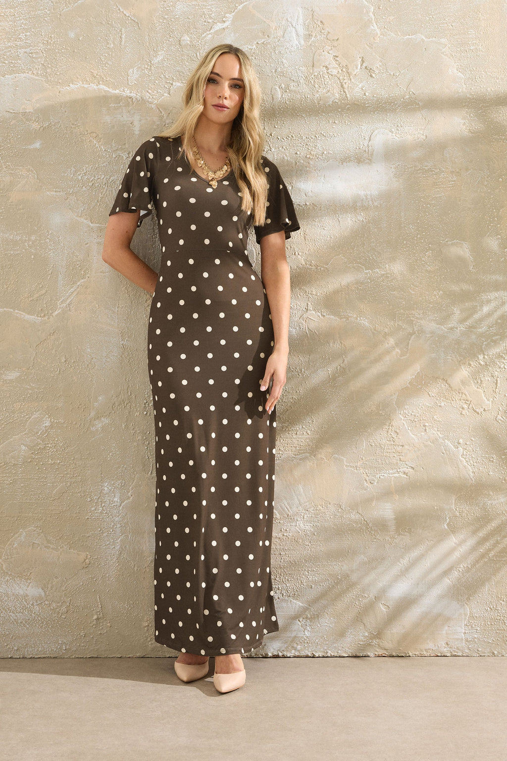  LTS Tall Brown Spot Angel Sleeve Maxi Dress