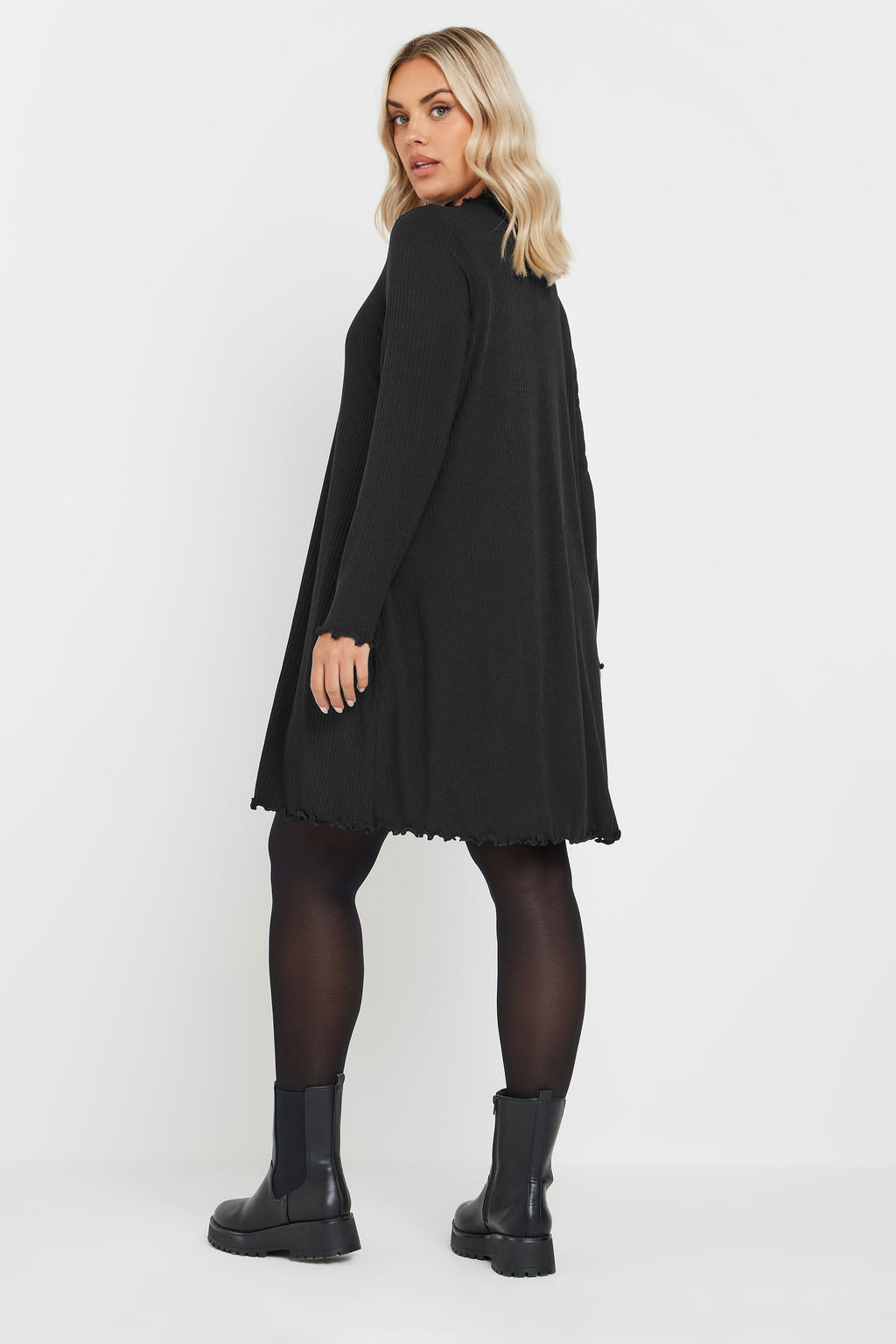  YOURS - Mini Robe Noire Nervurée Volantée En Jersey