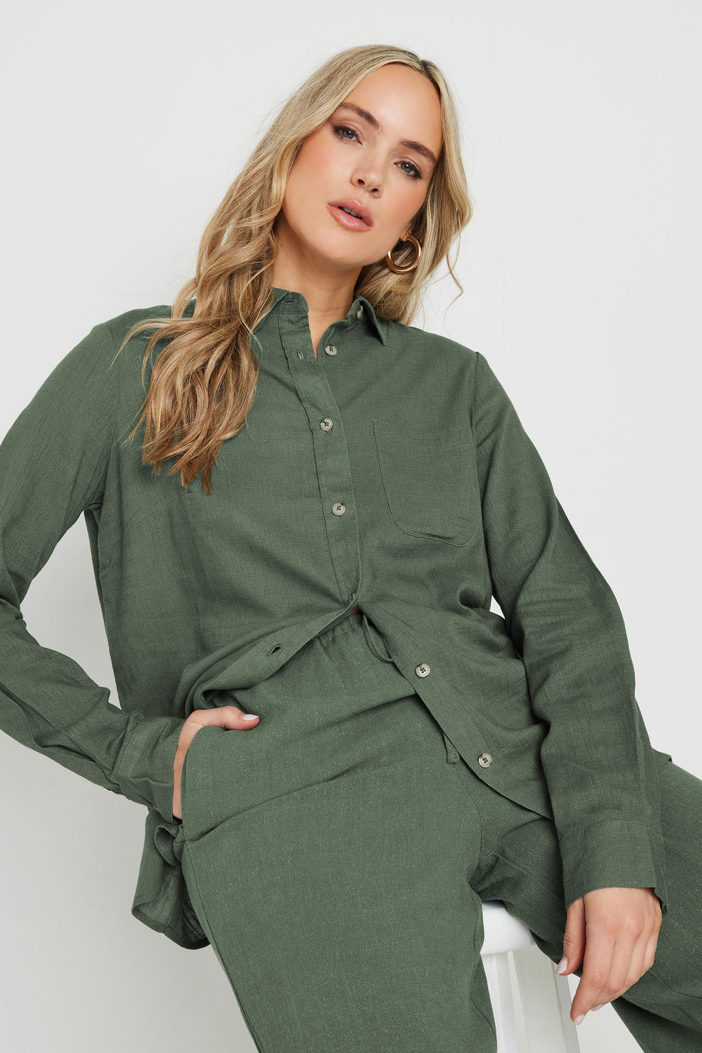  LTS Tall Khaki Green Linen Oversized Long Sleeve Shirt