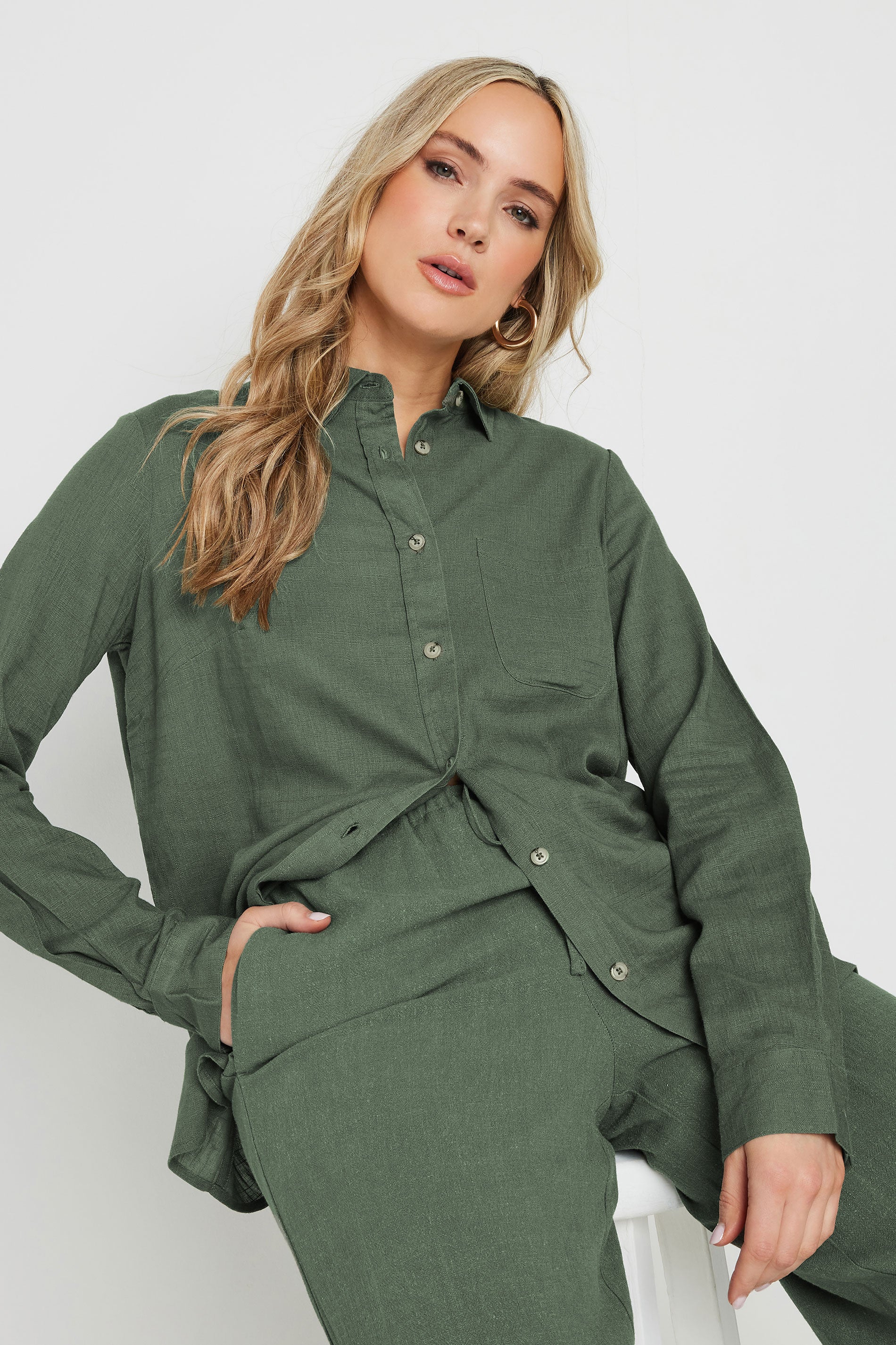  LTS Tall Khaki Green Linen Oversized Long Sleeve Shirt