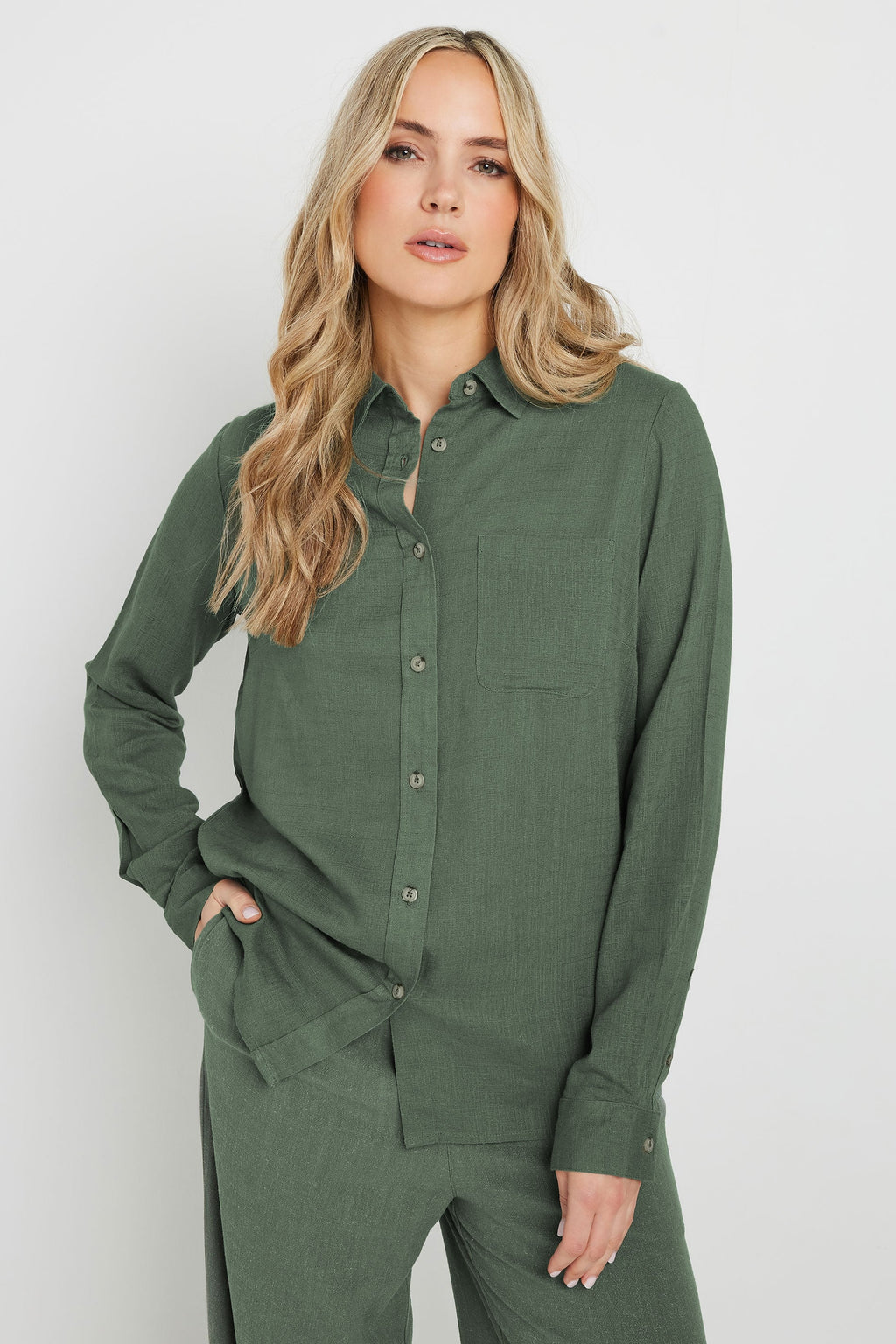 LTS Tall Khaki Green Linen Oversized Long Sleeve Shirt