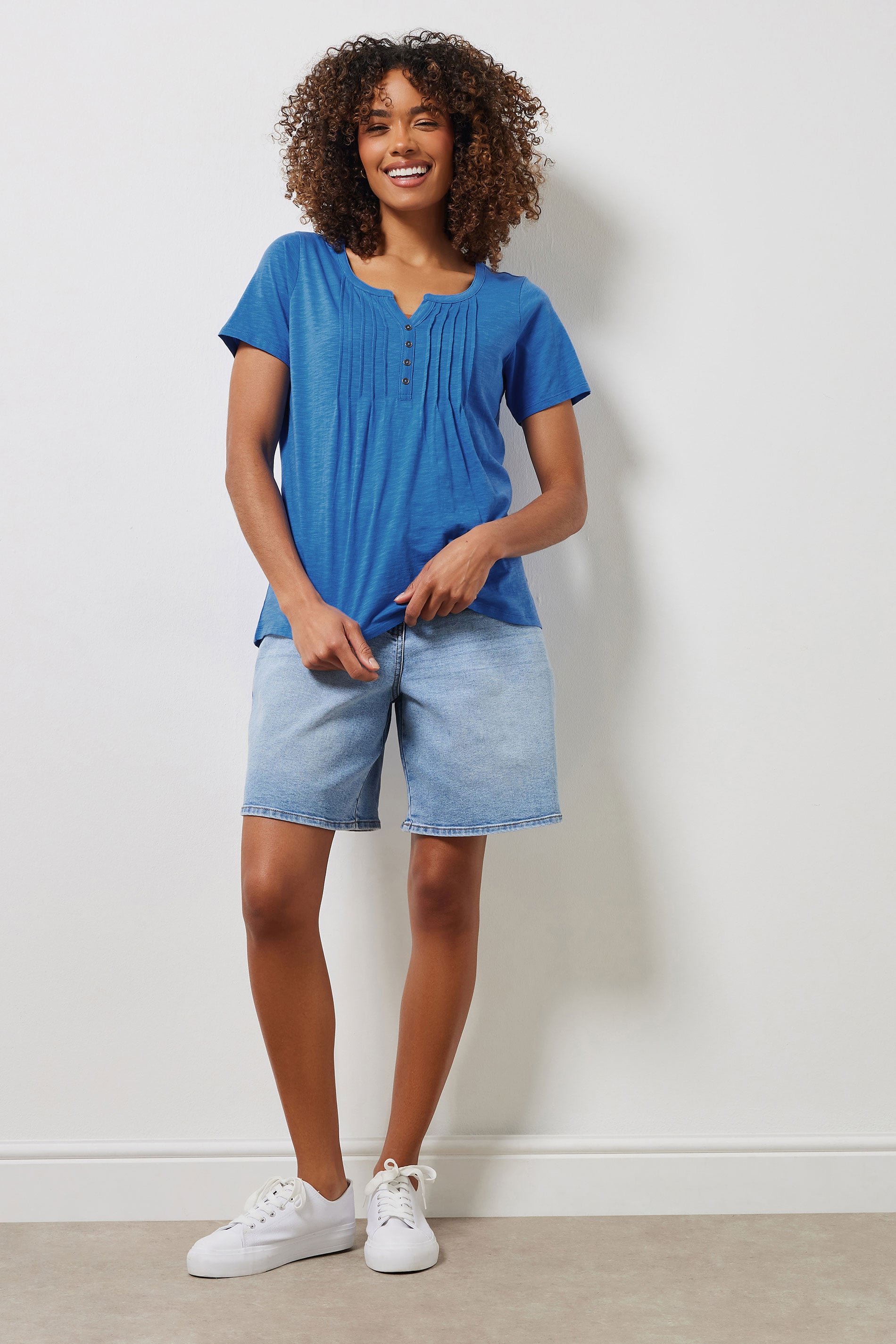  M&Co Cobalt Blue Cotton Short Sleeve Henley Top
