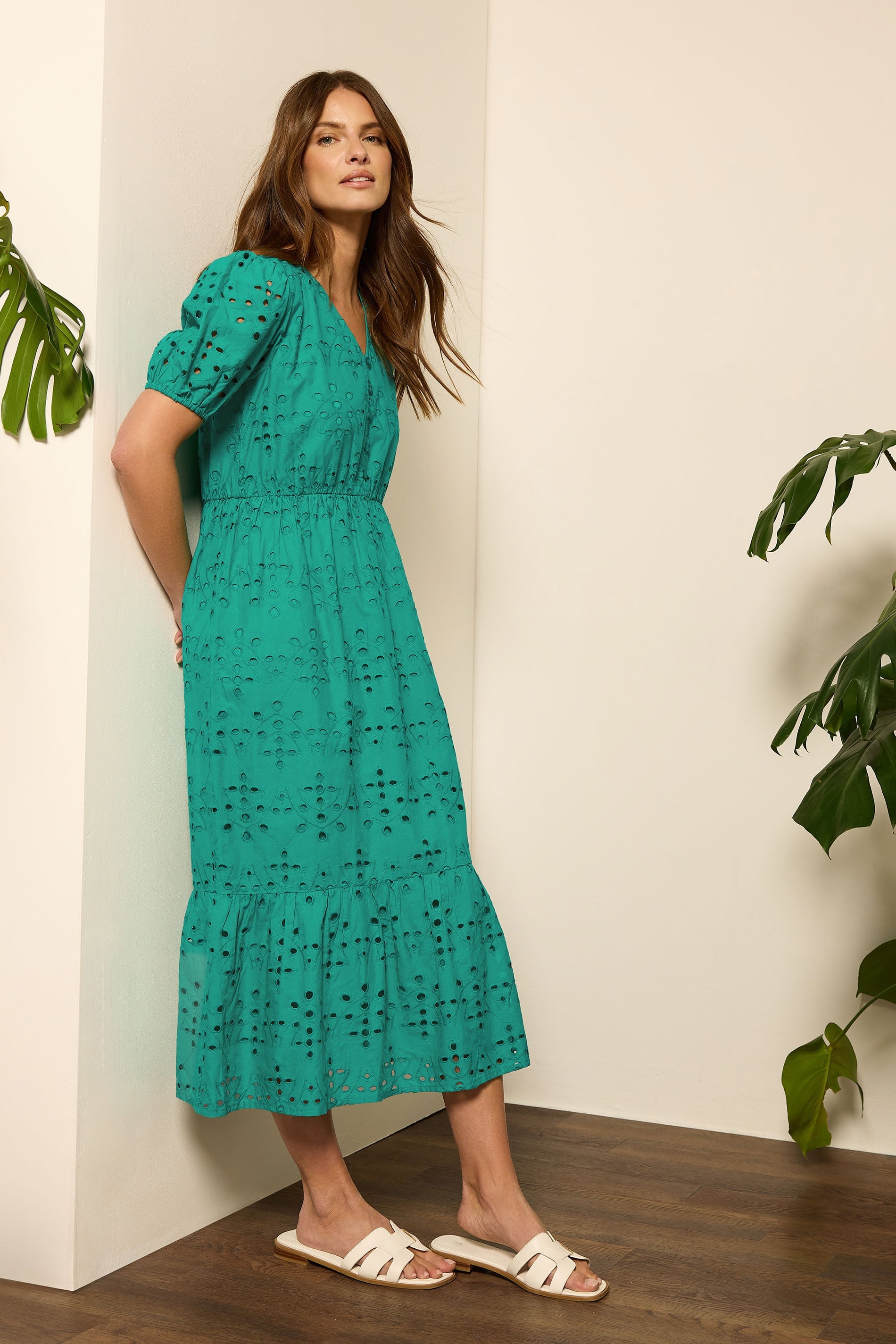  M&Co Green Cotton Broderie Tiered Dress