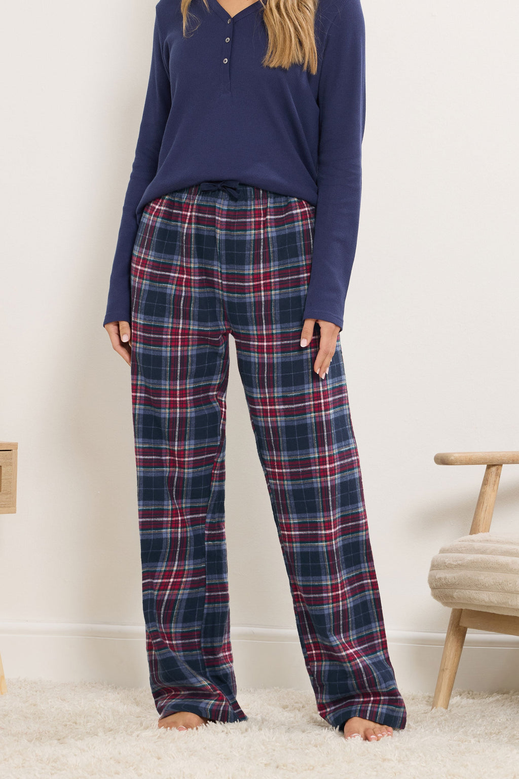  LTS Tall Navy Blue & Red Cotton Check Pyjama Bottoms