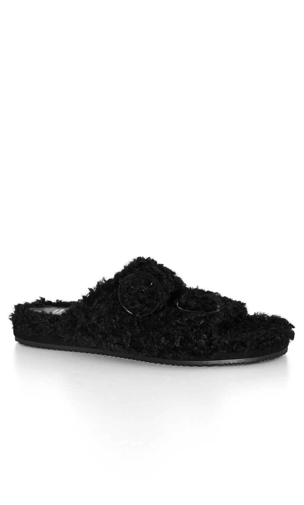  Evans Black Faux Fur Buckle Sliders In Wide E Fit