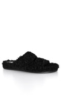  Evans Black Faux Fur Buckle Sliders In Wide E Fit