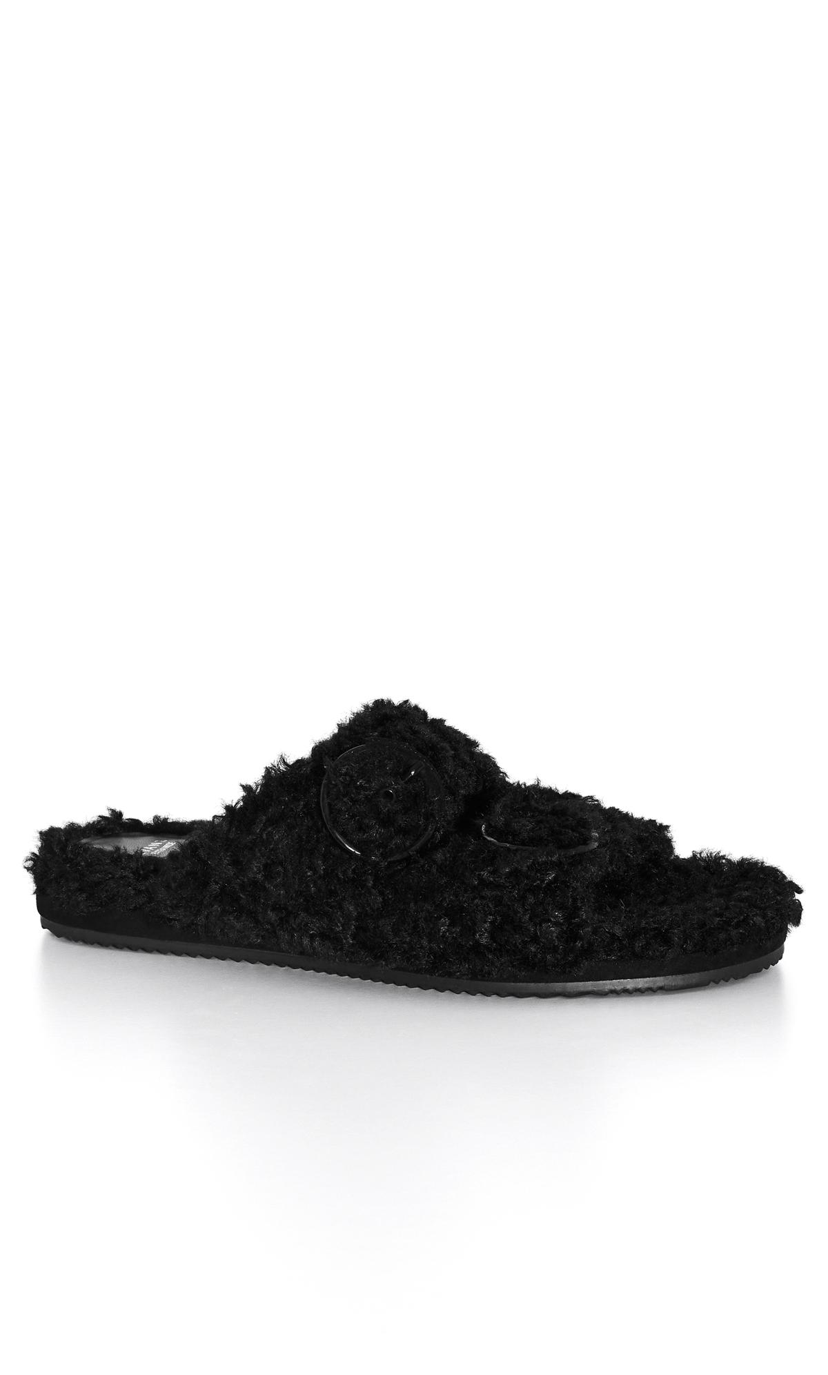  Evans Black Faux Fur Buckle Sliders In Wide E Fit