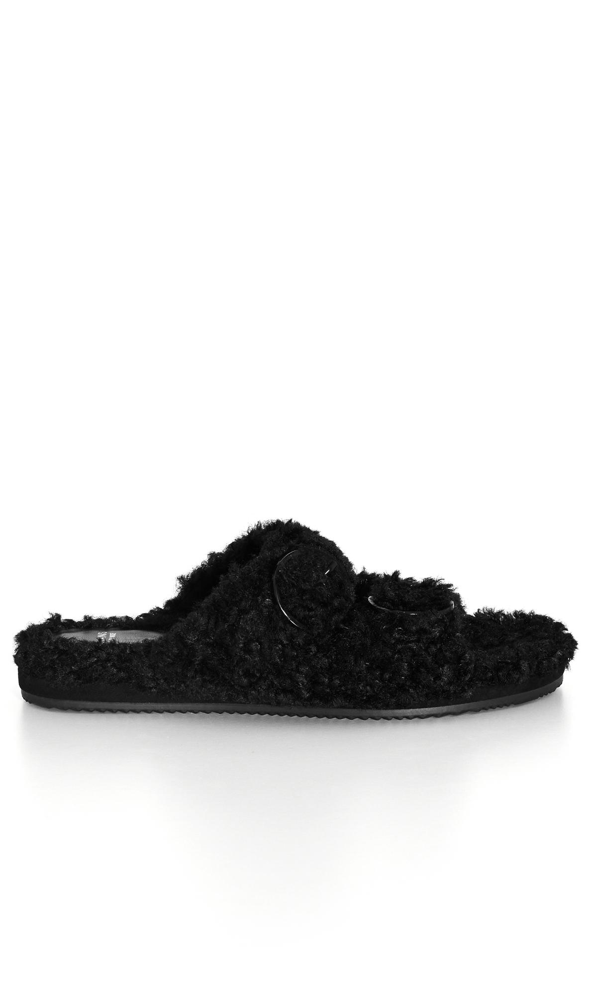  Evans Black Faux Fur Buckle Sliders In Wide E Fit