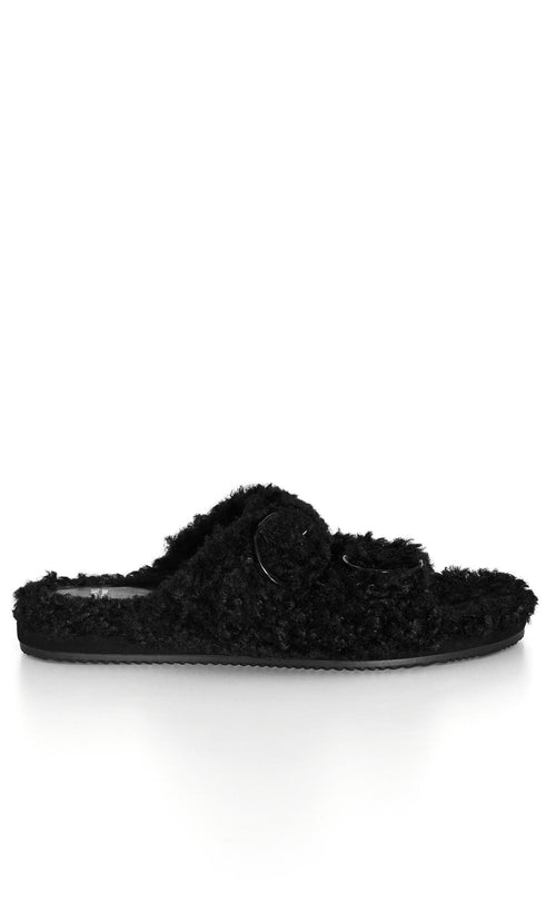  Evans Black Faux Fur Buckle Sliders In Wide E Fit
