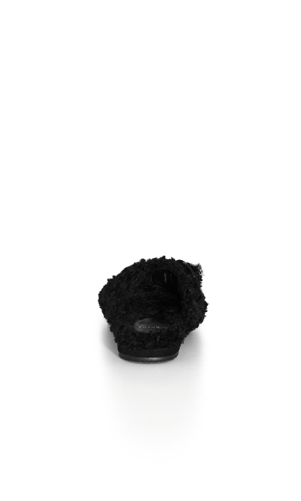  Evans Black Faux Fur Buckle Sliders In Wide E Fit