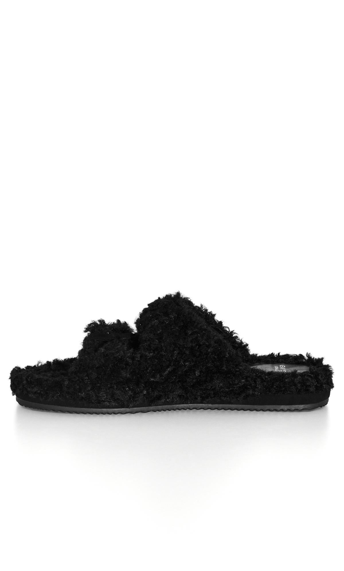  Evans Black Faux Fur Buckle Sliders In Wide E Fit
