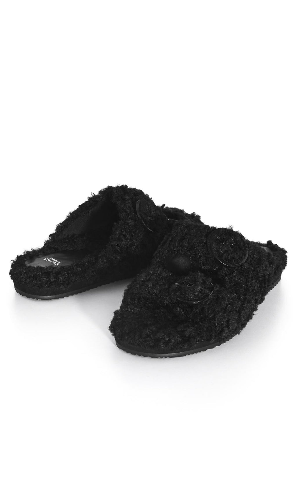  Evans Black Faux Fur Buckle Sliders In Wide E Fit