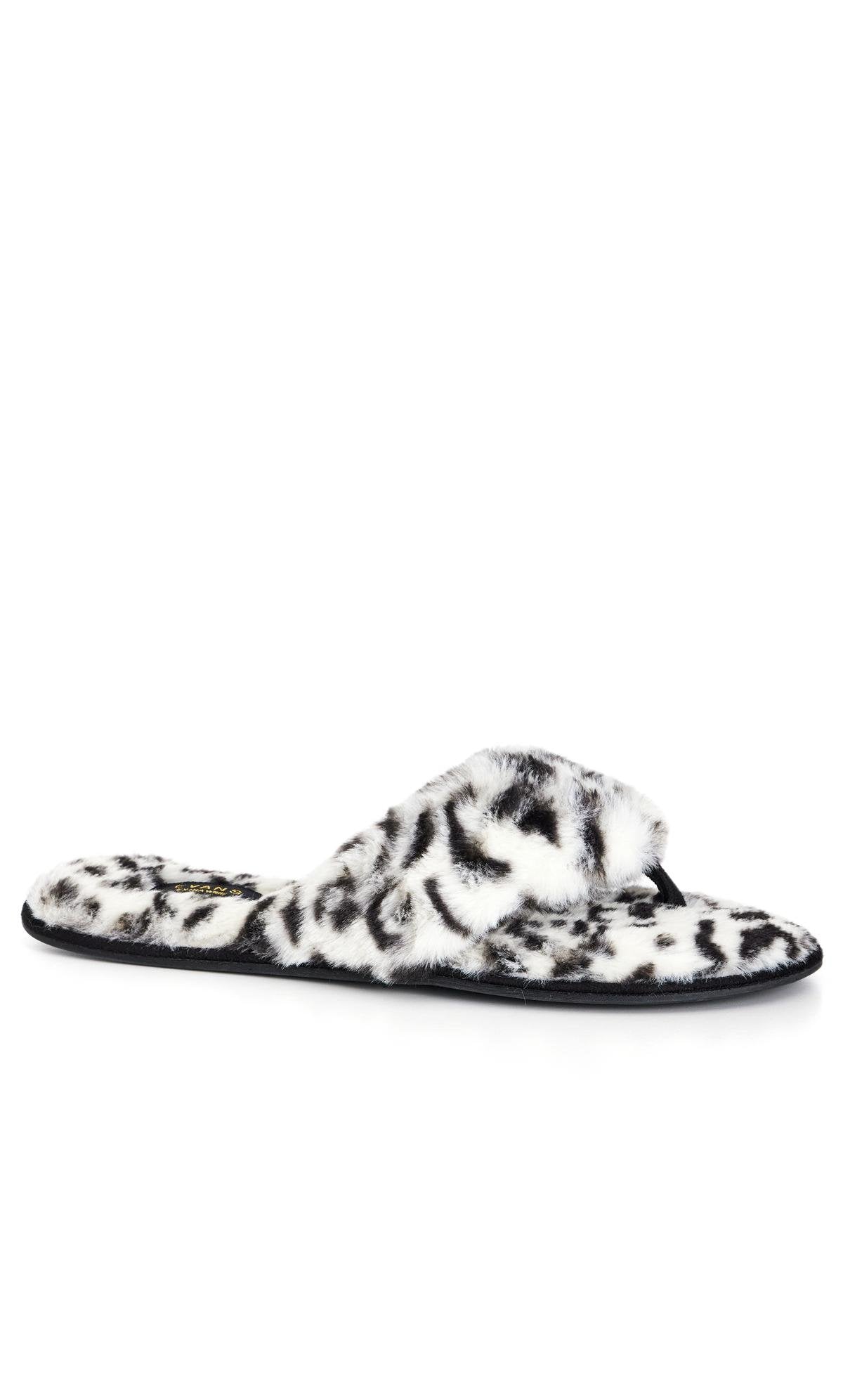  Evans White Leopard Print Faux Fur Flip Flop Slipper