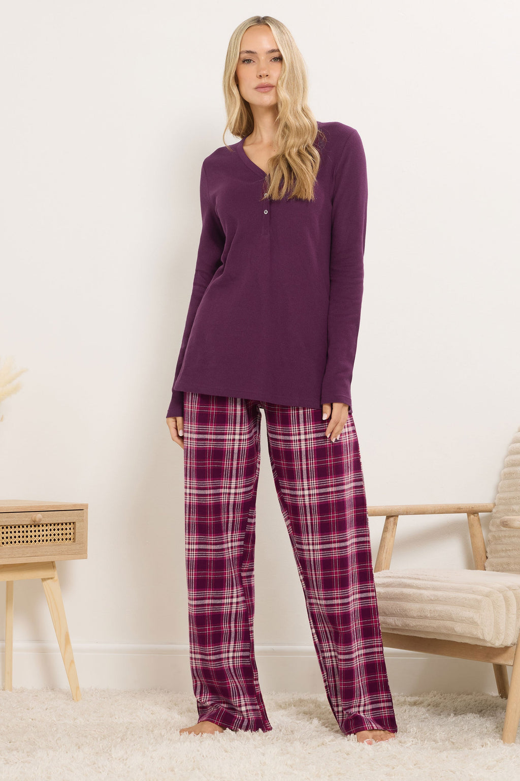 LTS Tall Burgundy Red Cotton Check Pyjama Bottoms