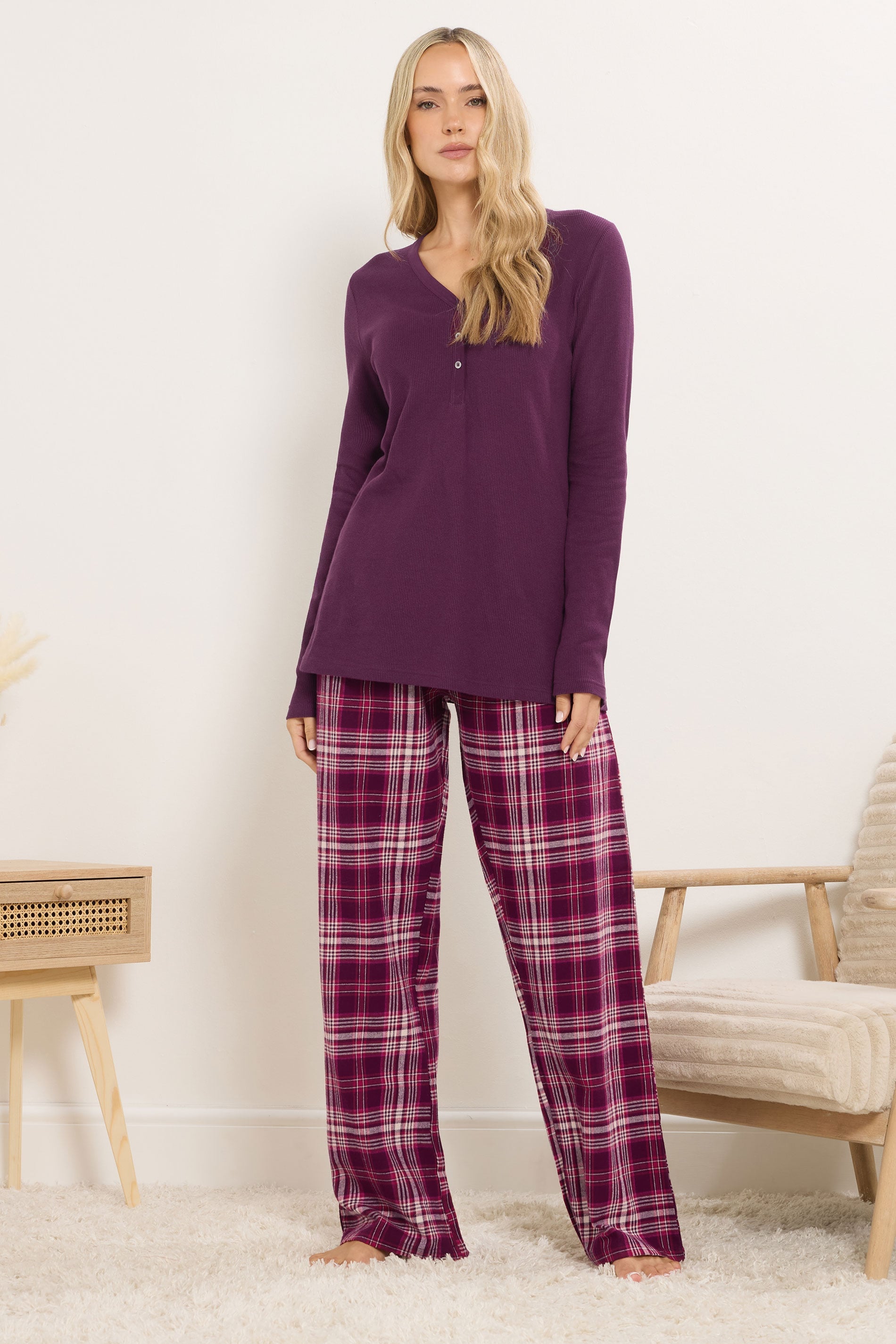 LTS Tall Burgundy Red Cotton Check Pyjama Bottoms