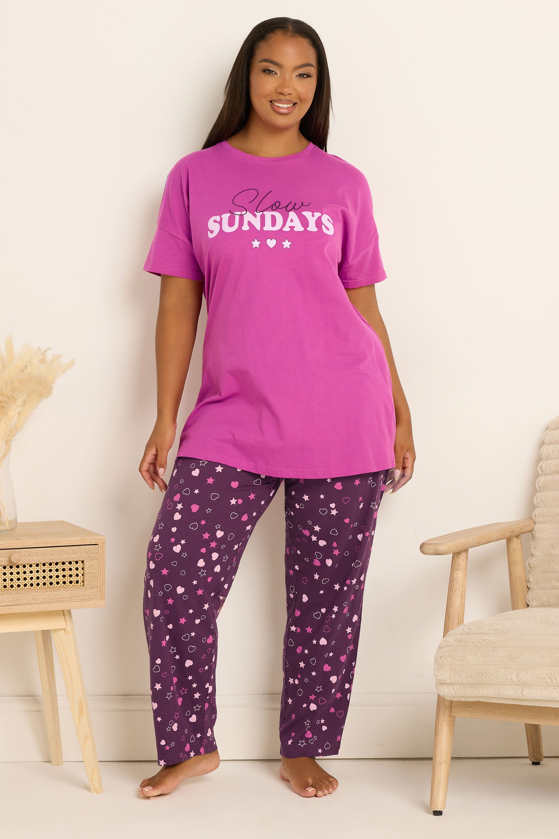  YOURS Curve Ensemble De Pyjama Rose à Jambes Larges « Slow Sundays » Avec Cœur