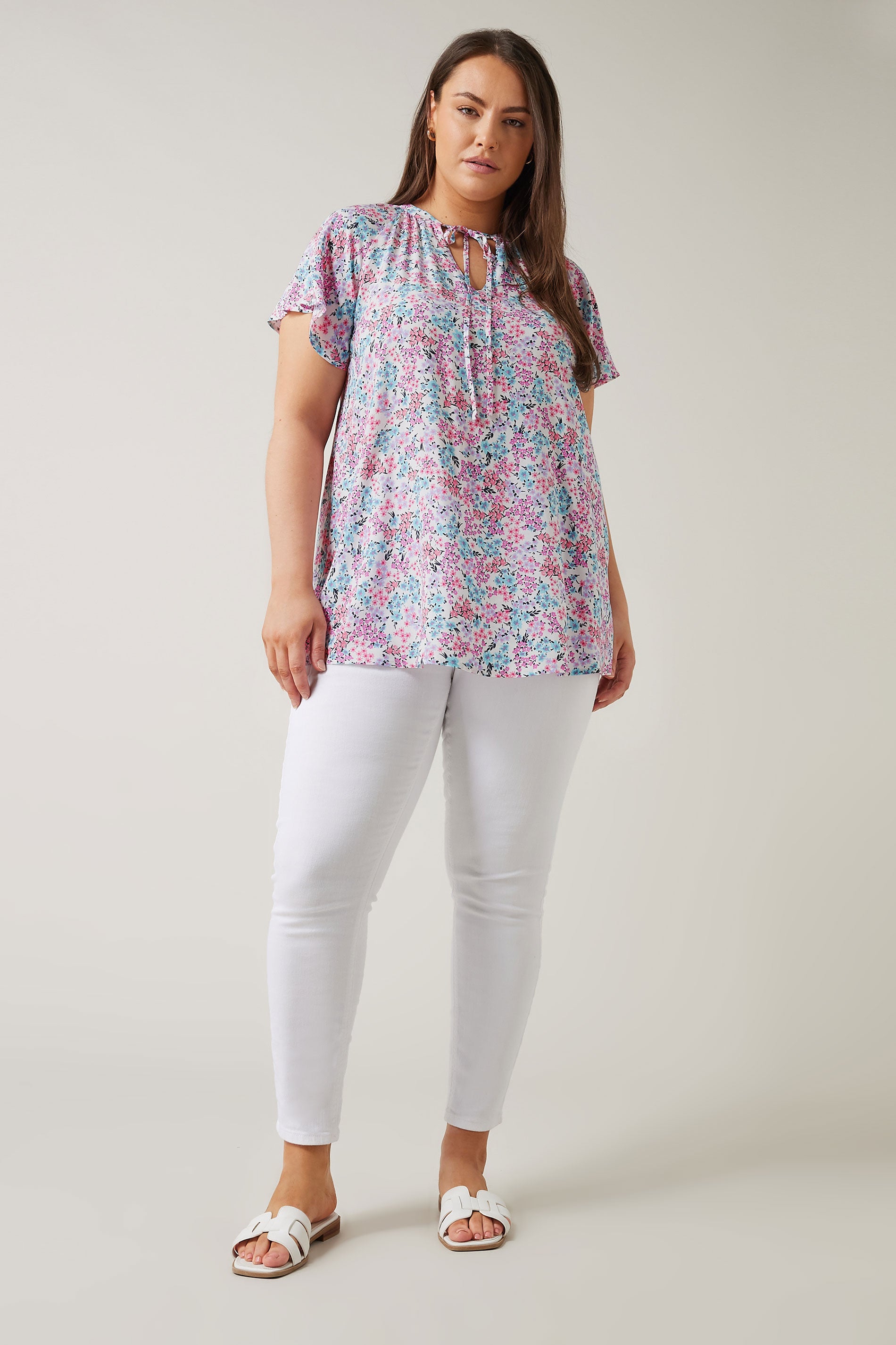  EVANS Curve Pink Floral Print Tie Neck Blouse