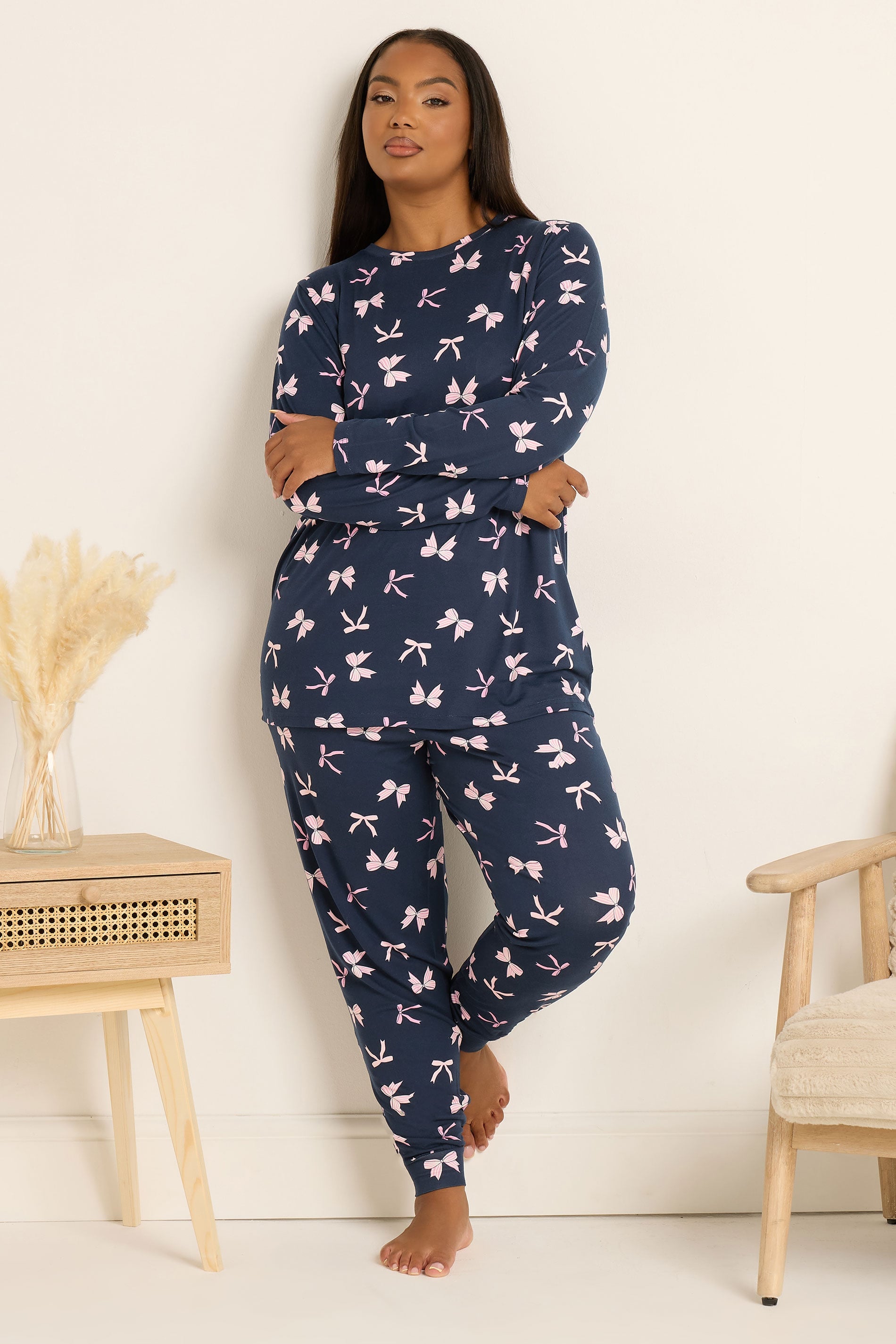  YOURS Curve Ensemble Pyjama Et Masque Pour Les Yeux Doux Au Toucher Avec Nœud Bleu Marine