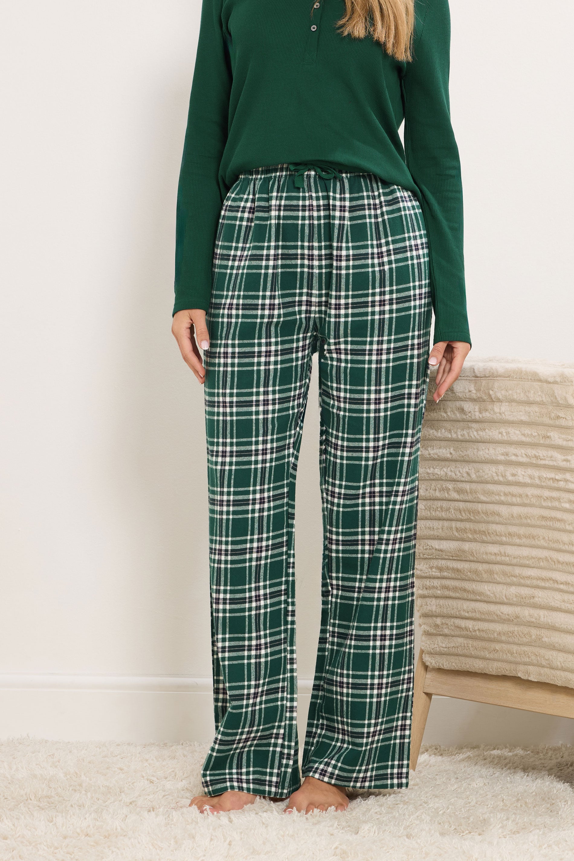  LTS Tall Green Cotton Check Pyjama Bottoms