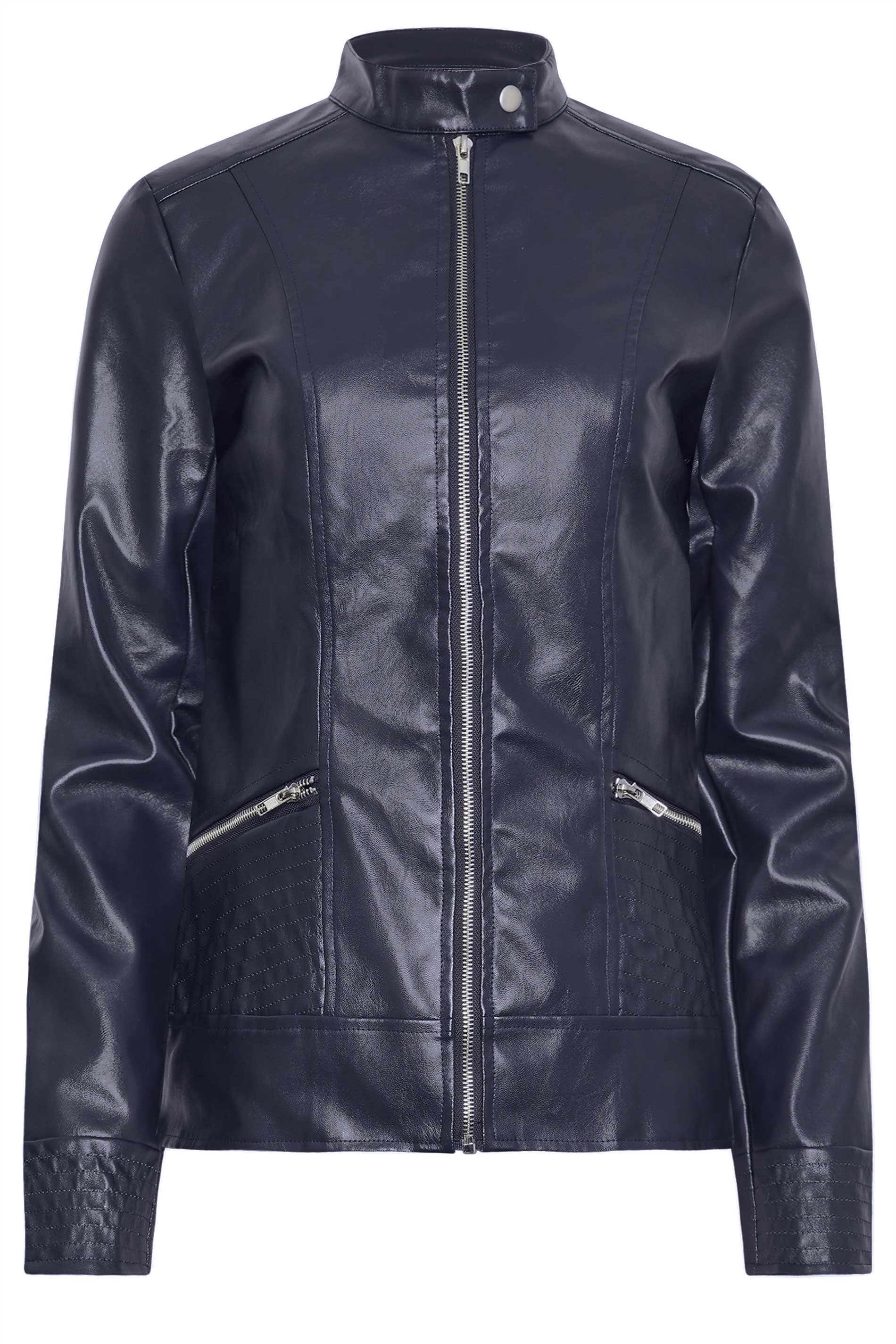  LTS Tall Navy Blue Faux Leather Funnel Neck Jacket